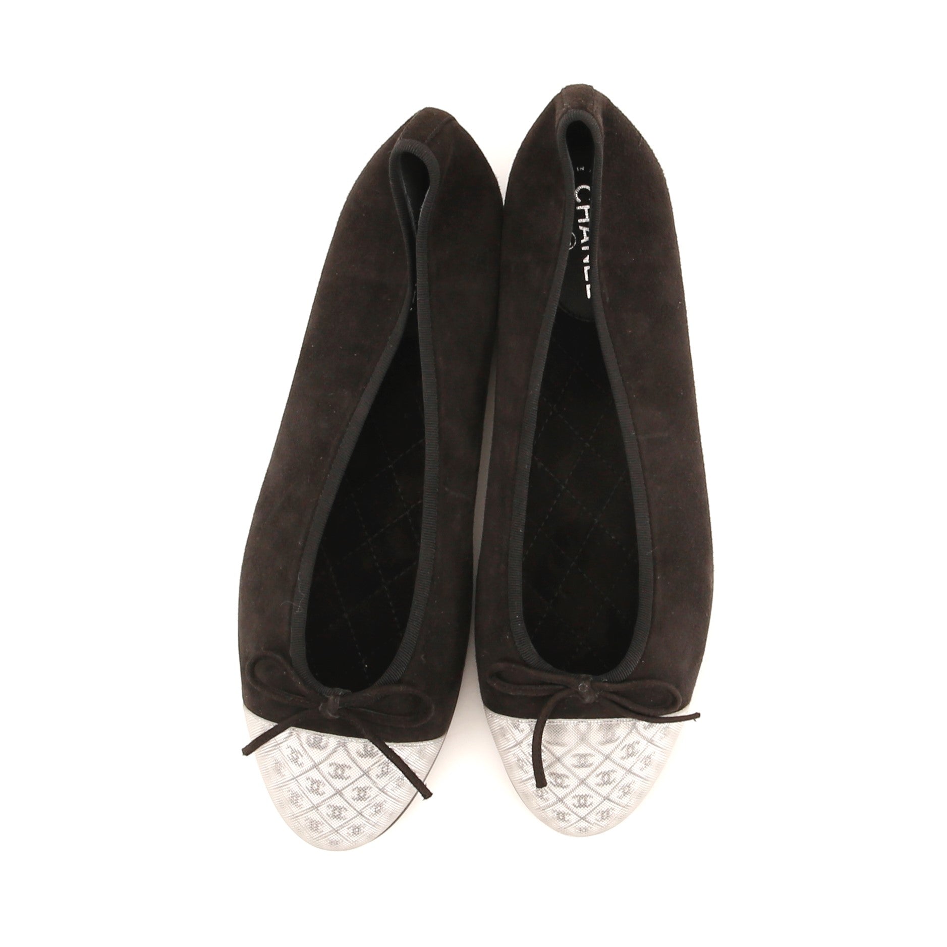 Women's CC Cap Toe Bow Ballerina Flats Suede and Hologram Vinyl