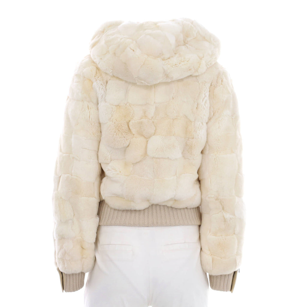 Women's Hooded Button Up Jacket Damier Rabbit Fur