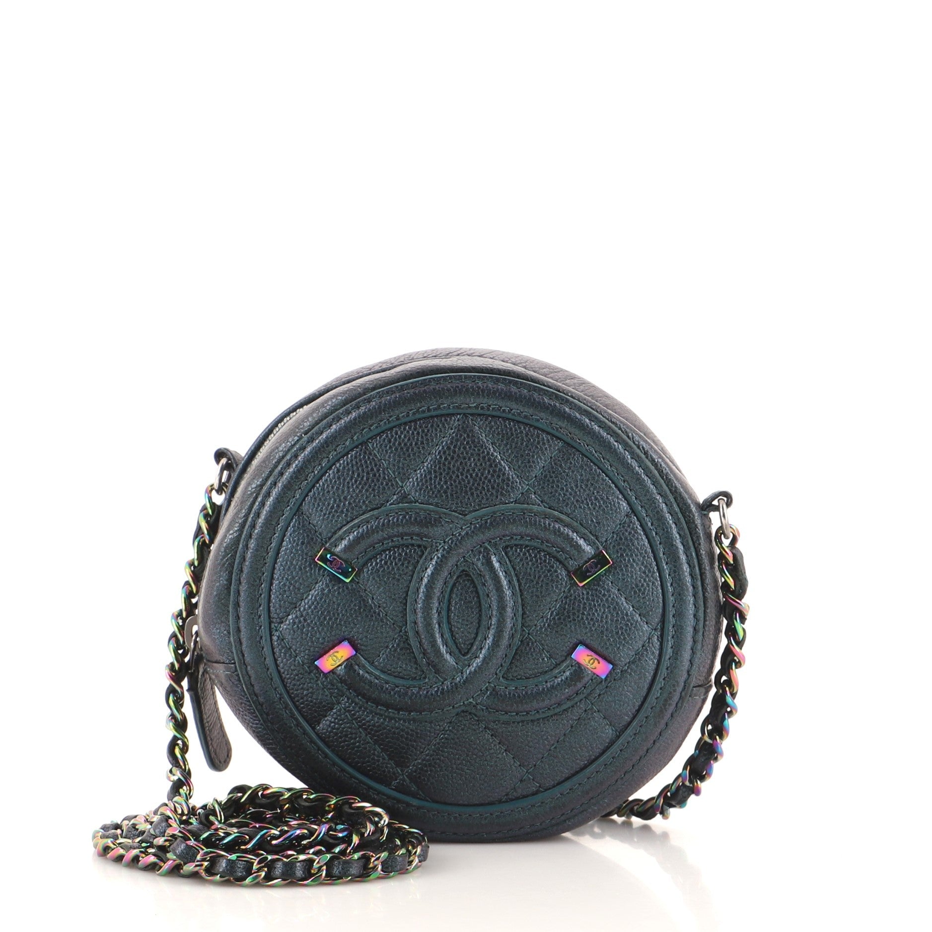 Filigree Round Clutch with Chain Quilted Iridescent Caviar Mini