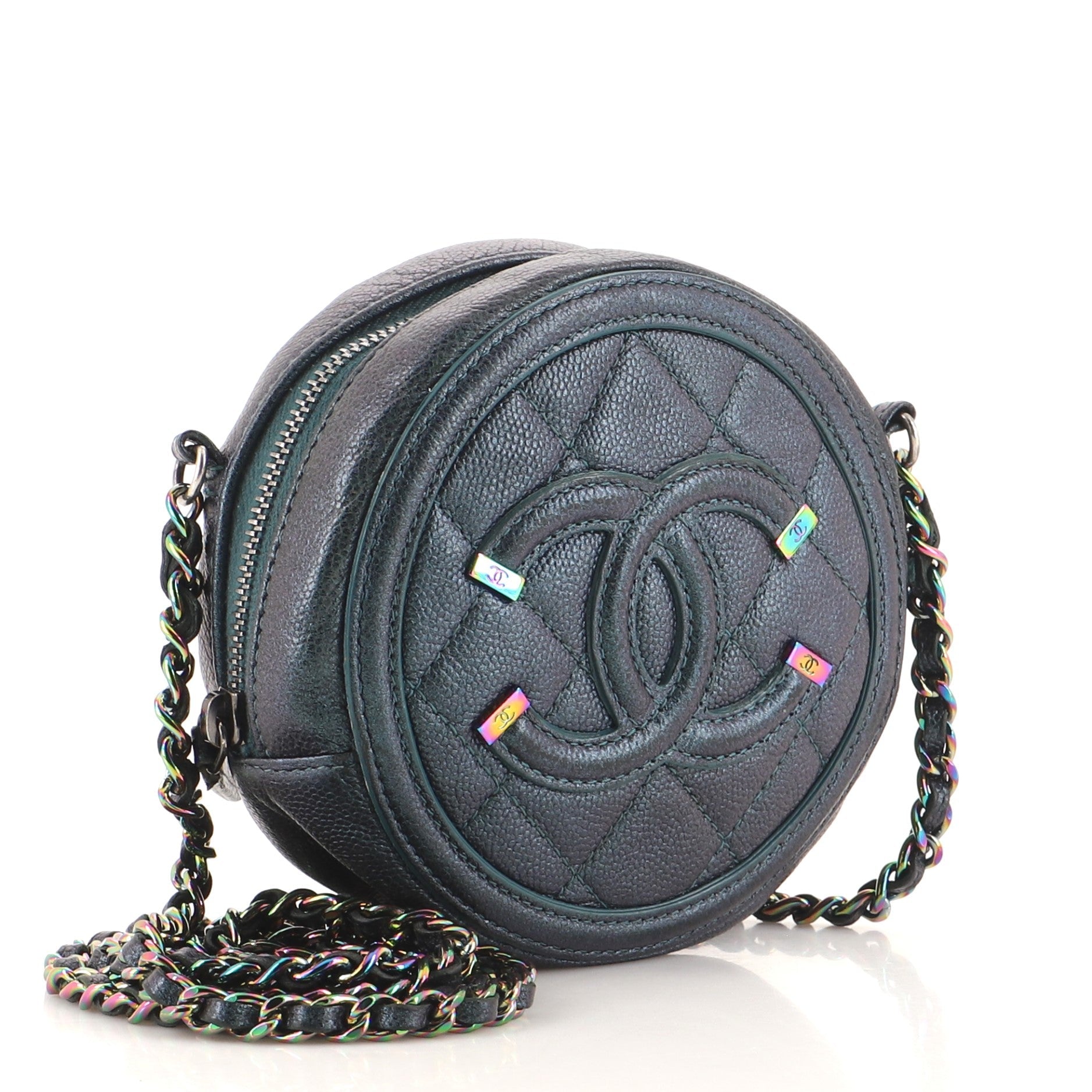 Filigree Round Clutch with Chain Quilted Iridescent Caviar Mini