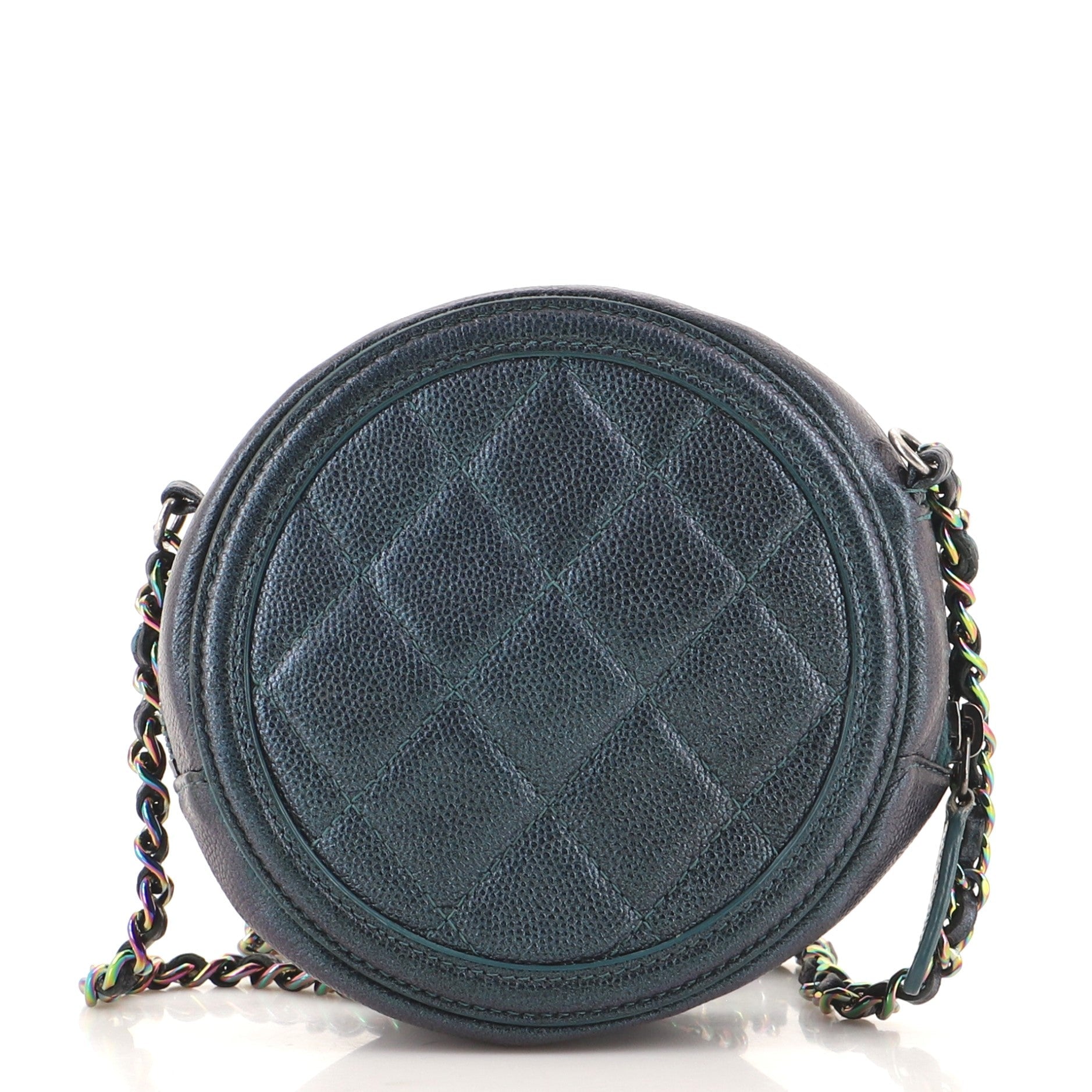 Filigree Round Clutch with Chain Quilted Iridescent Caviar Mini