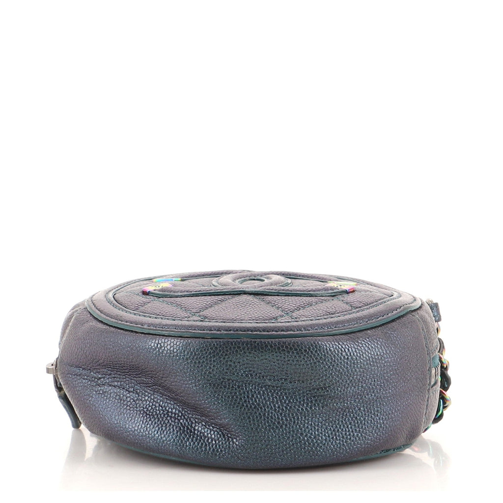 Filigree Round Clutch with Chain Quilted Iridescent Caviar Mini