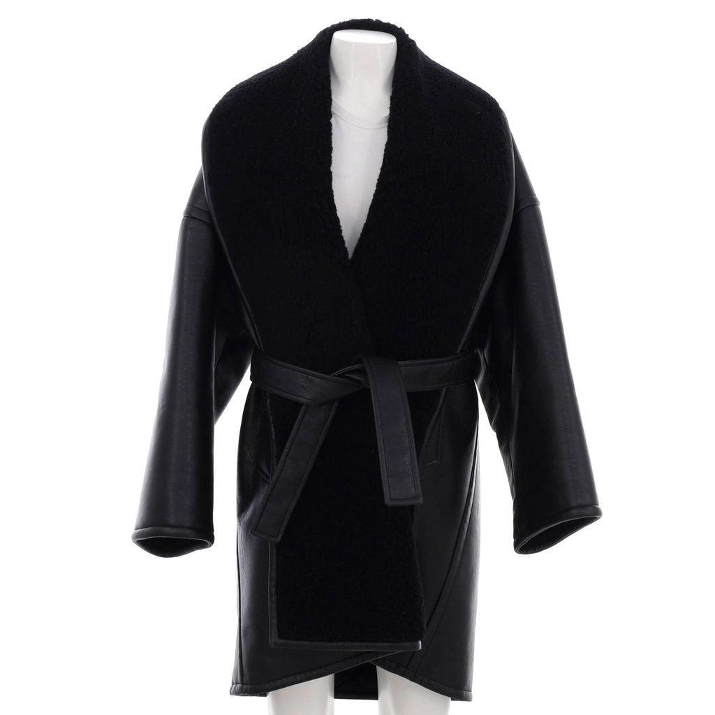 Women's Oversized Belted Coat Faux Leather and Faux Shearling