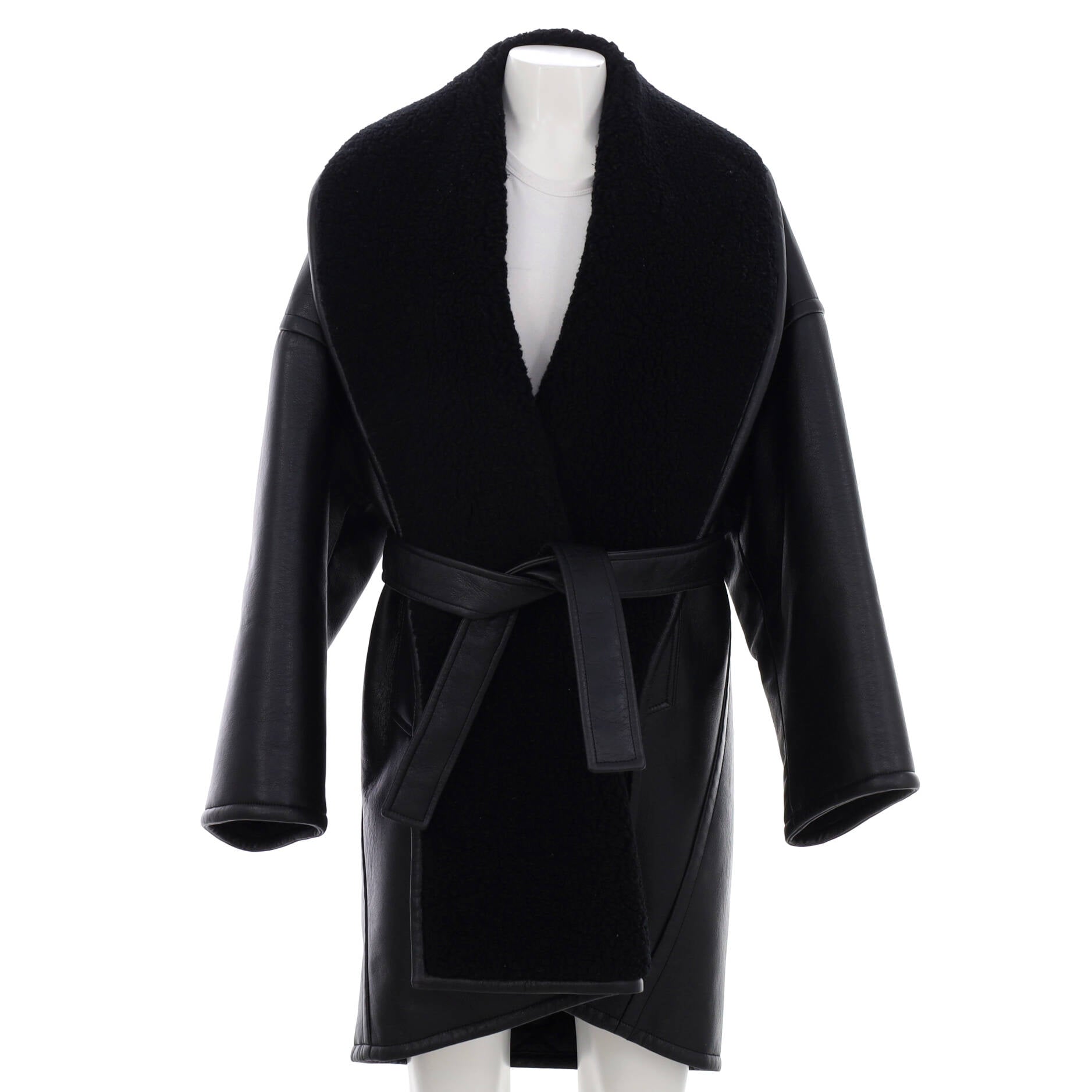 Women's Oversized Belted Coat Faux Leather and Faux Shearling