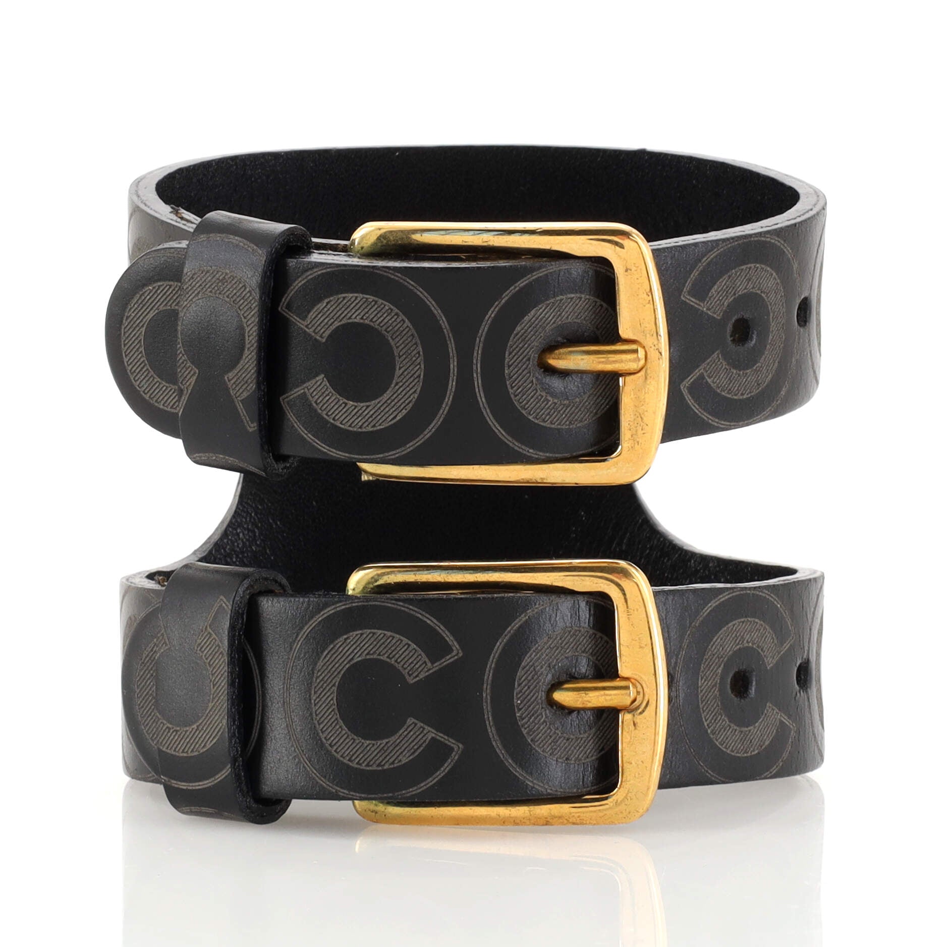 Vintage Coco Double Buckle Cuff Bracelet Printed Leather