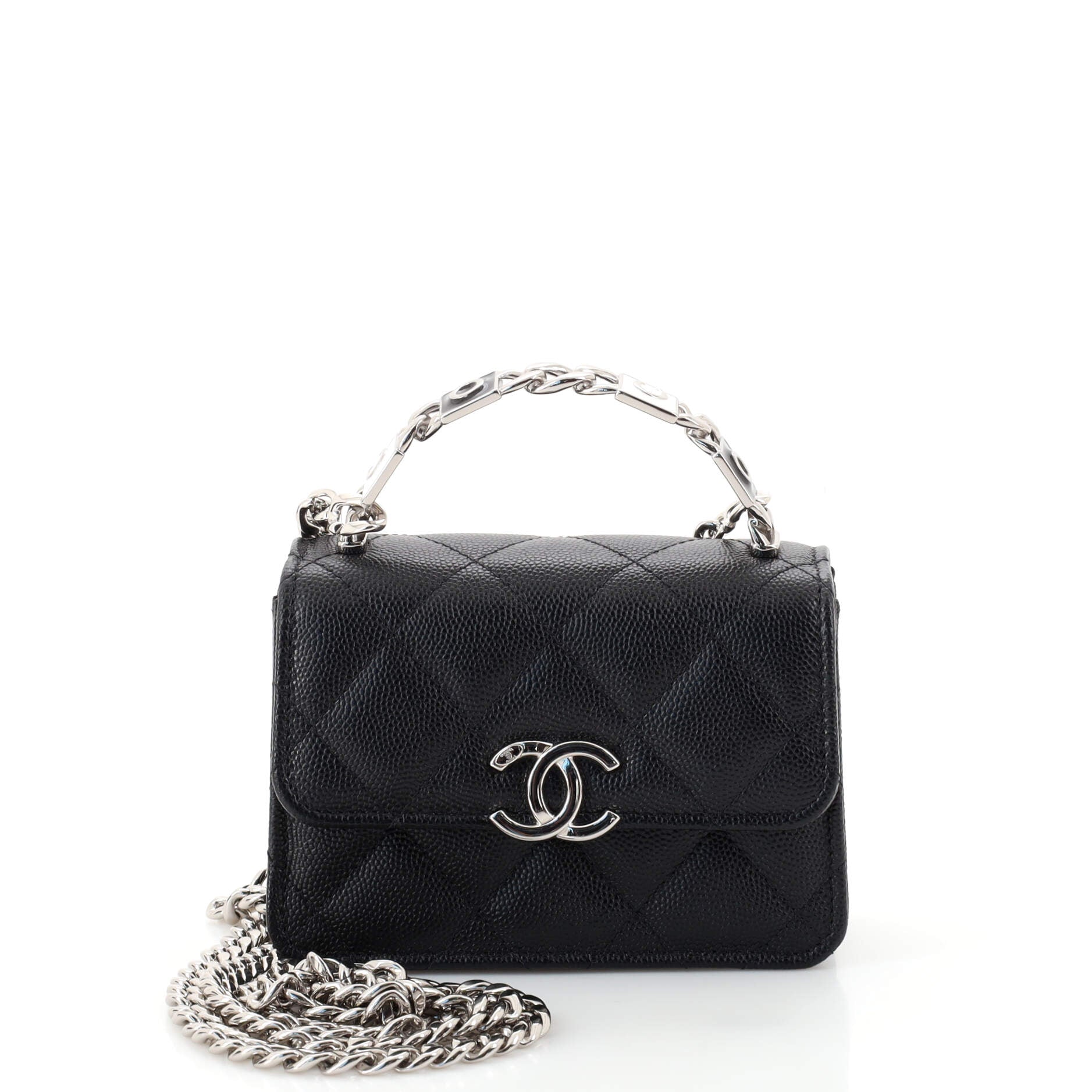 Coco Enamel Top Handle Flap Clutch with Chain Quilted Caviar