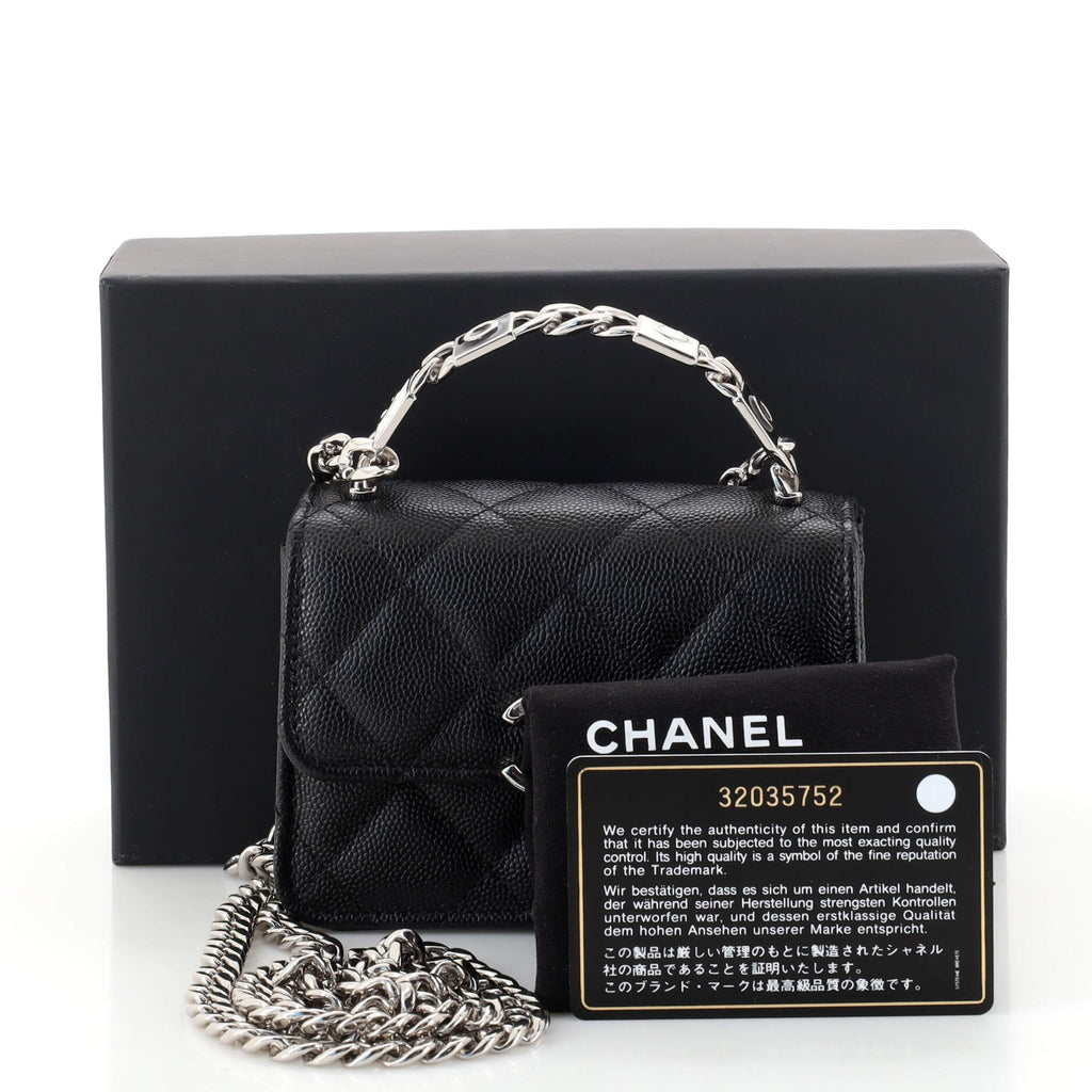 Coco Enamel Top Handle Flap Clutch with Chain Quilted Caviar