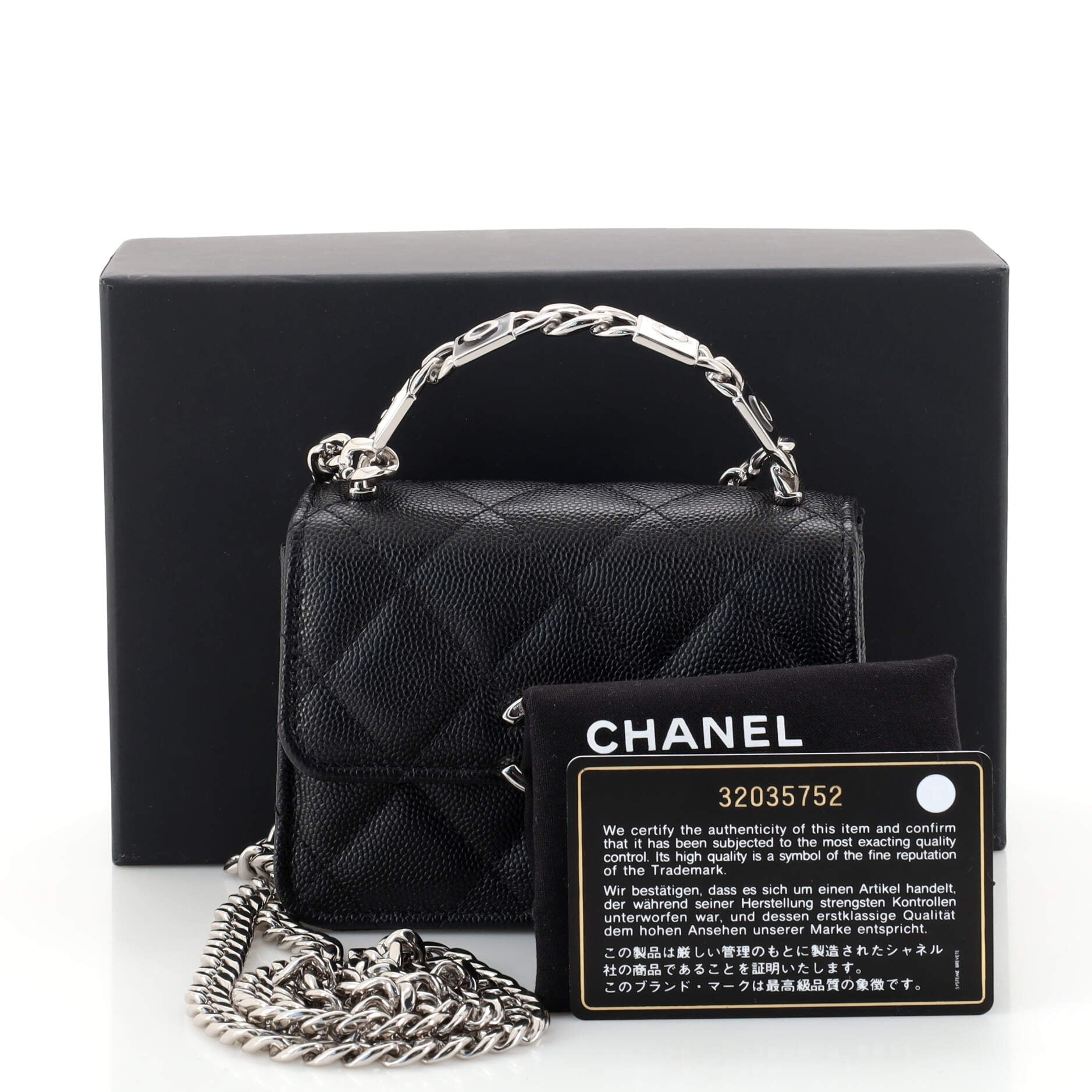 Coco Enamel Top Handle Flap Clutch with Chain Quilted Caviar
