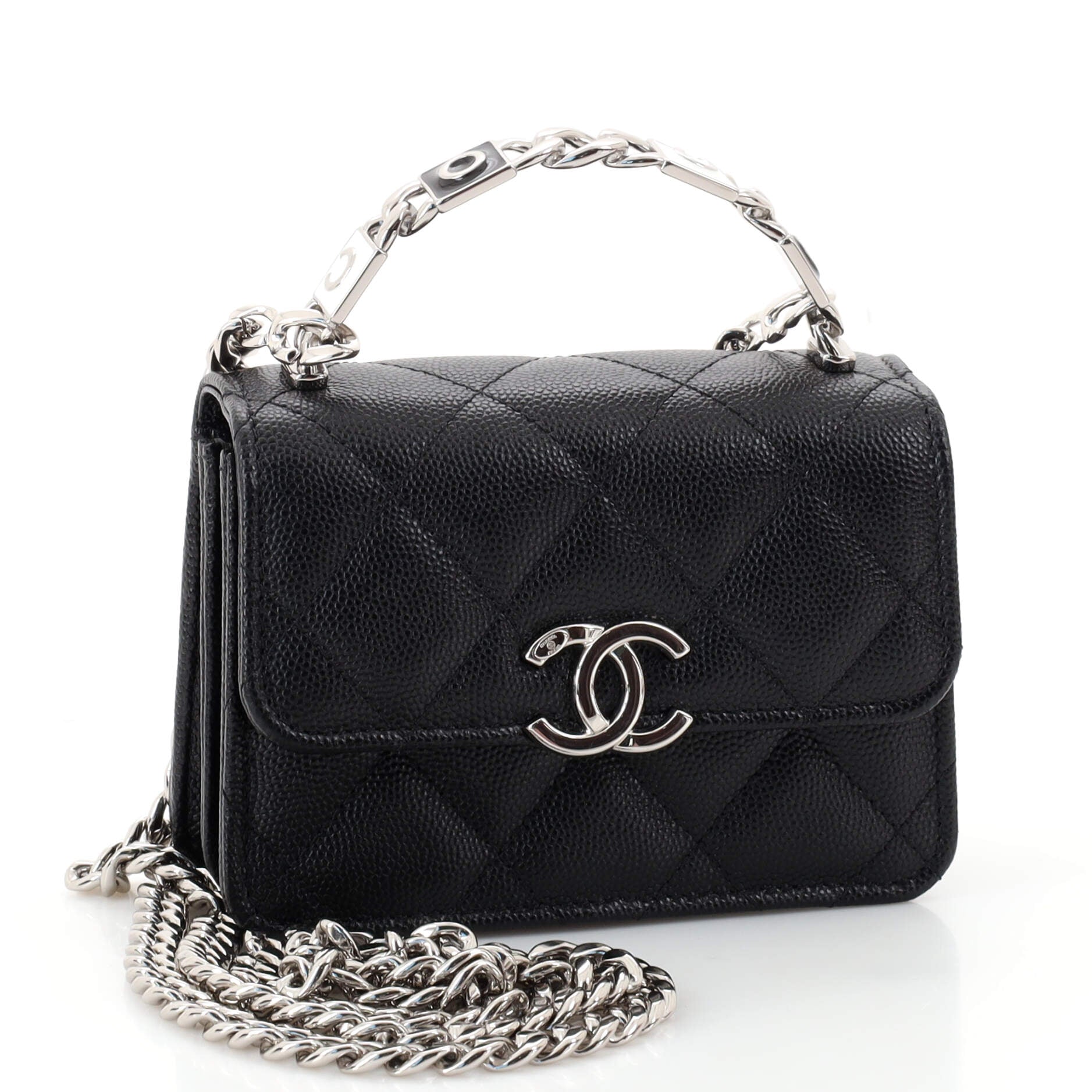 Coco Enamel Top Handle Flap Clutch with Chain Quilted Caviar