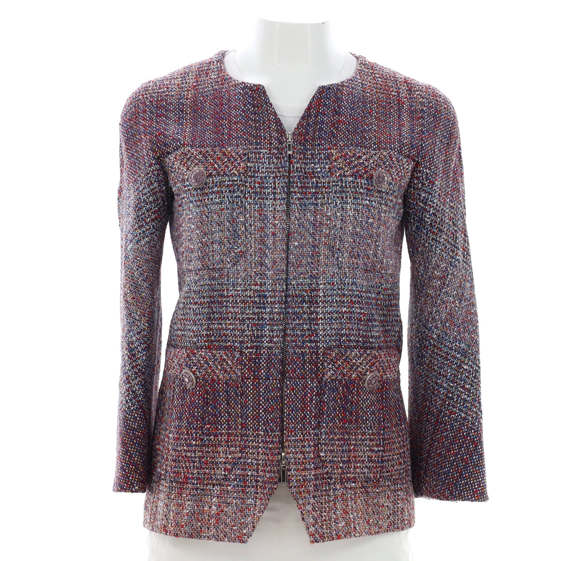 Women's Collarless Four Pocket Zip Up Jacket Tweed Blend