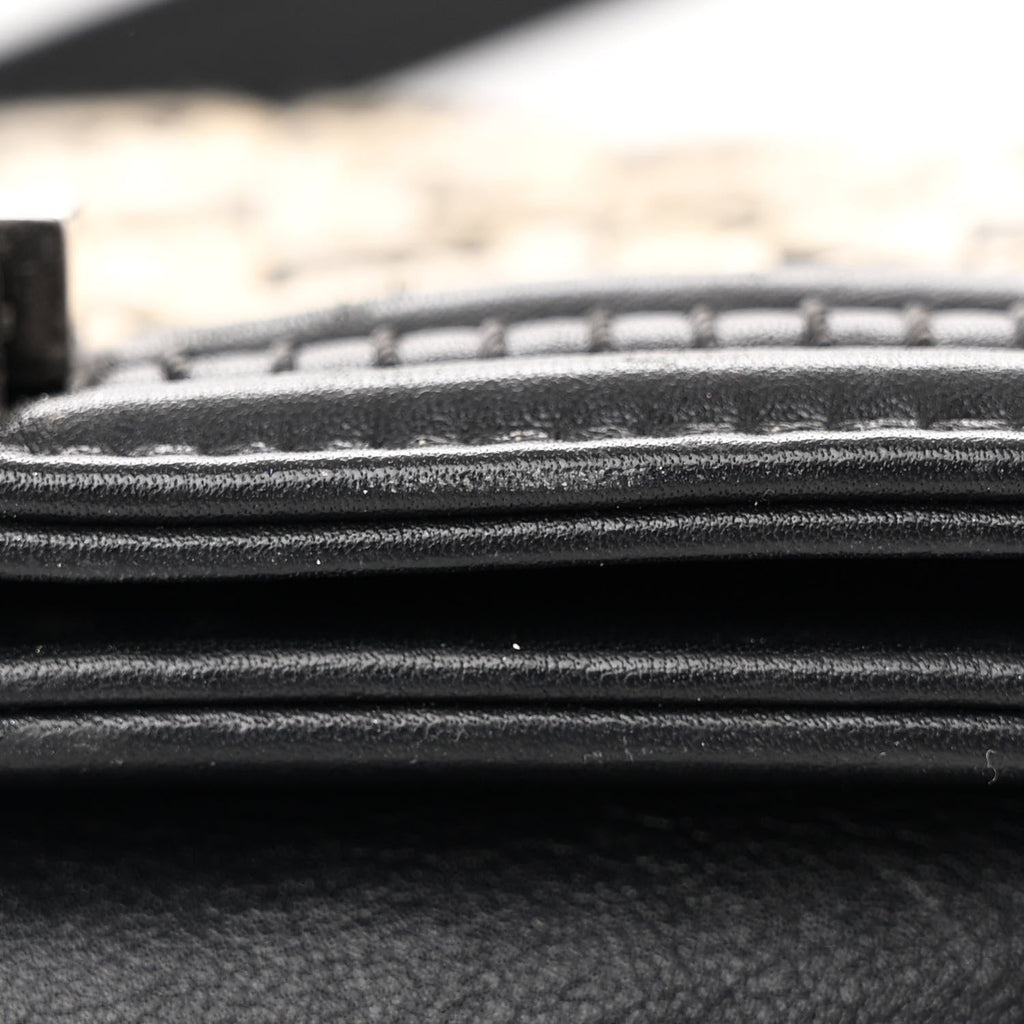 Calfskin Woven Small Boy Flap Black White