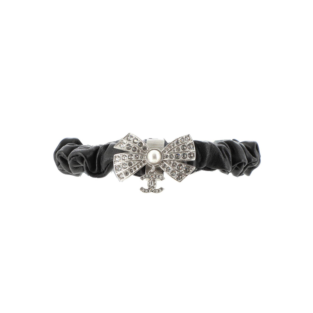 CC Bow Elastic Hair Tie Leather with Metal, Crystals and Faux Pearl