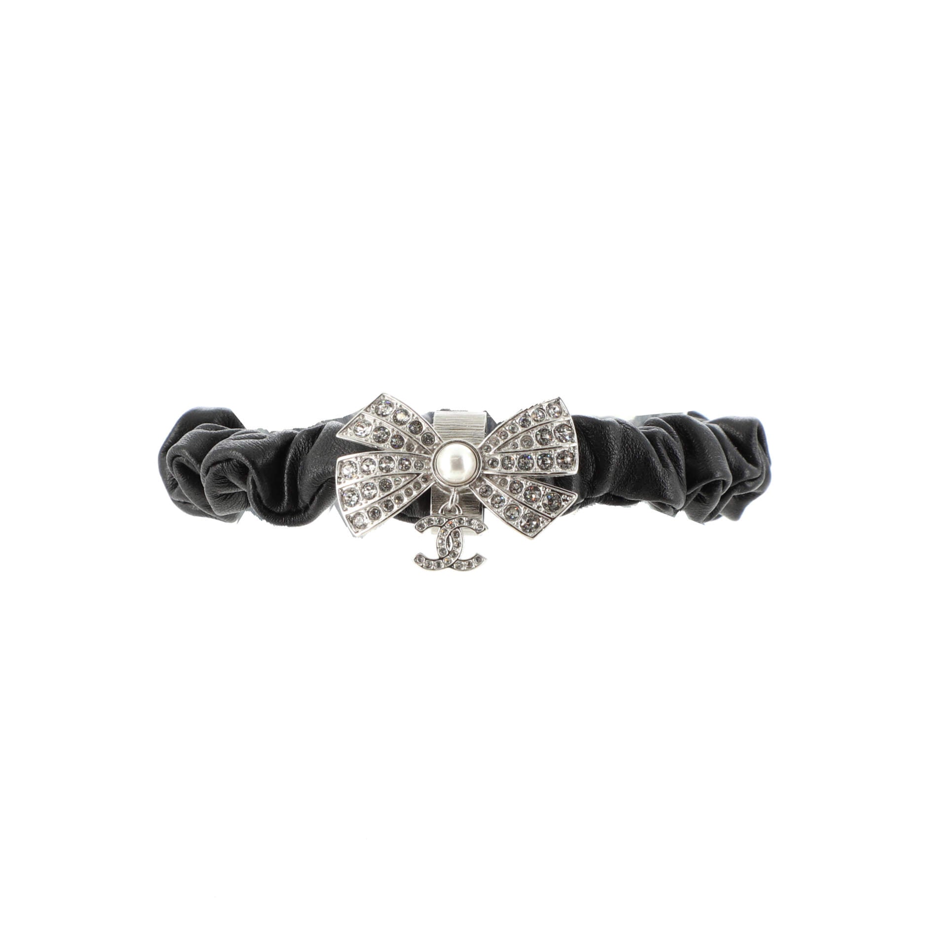 CC Bow Elastic Hair Tie Leather with Metal, Crystals and Faux Pearl