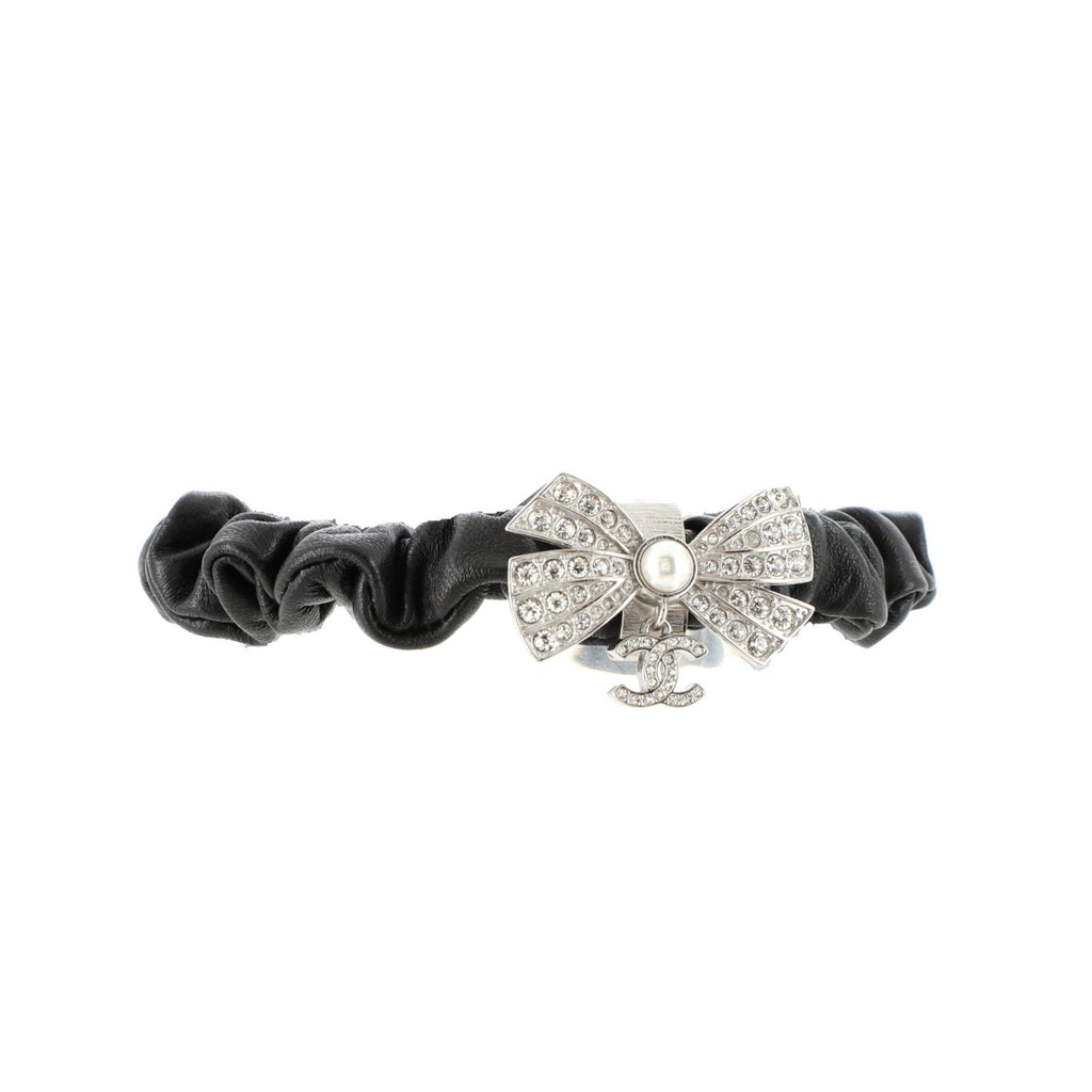 CC Bow Elastic Hair Tie Leather with Metal, Crystals and Faux Pearl