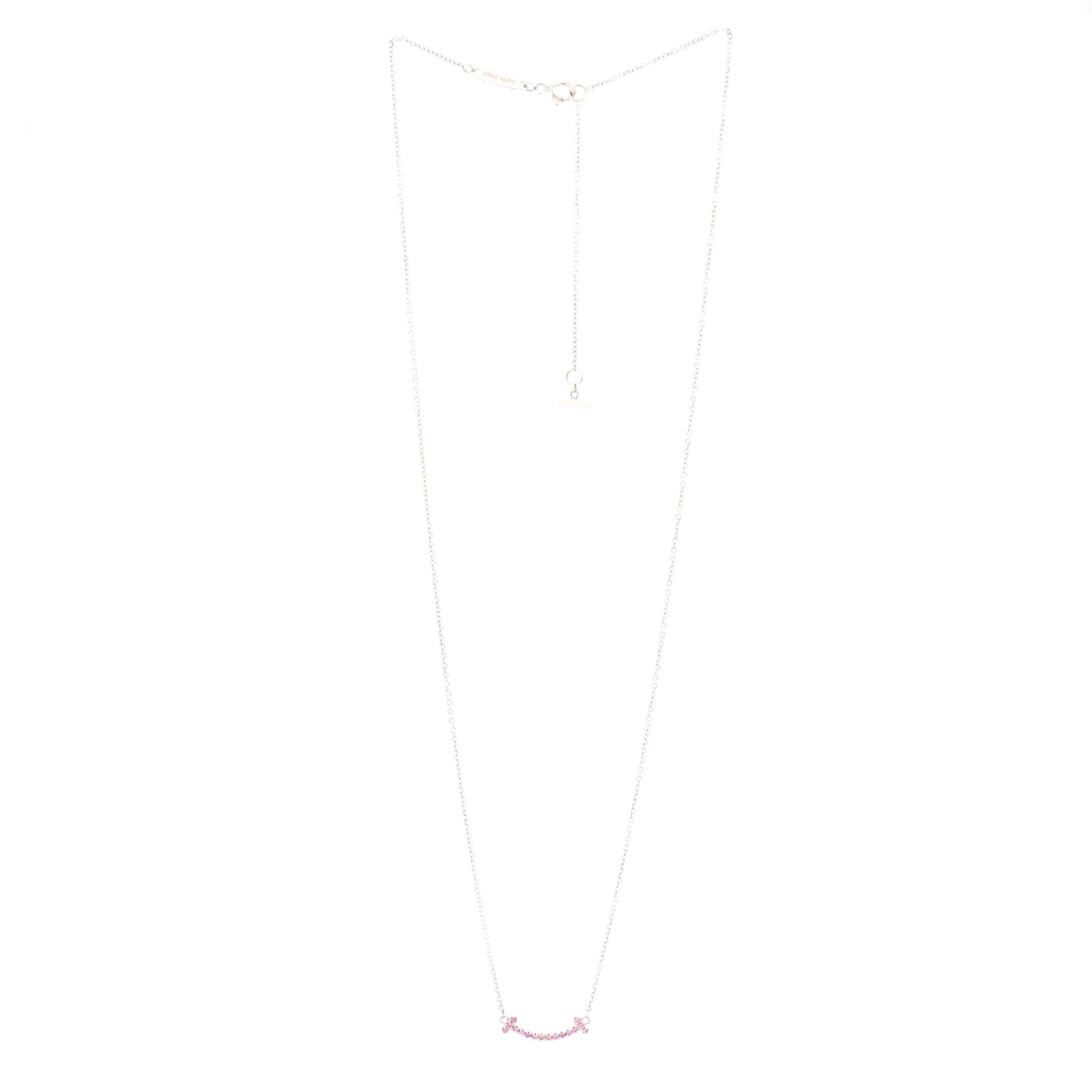 T Smile Pendant Necklace 18K White Gold with Pink Sapphires Mini