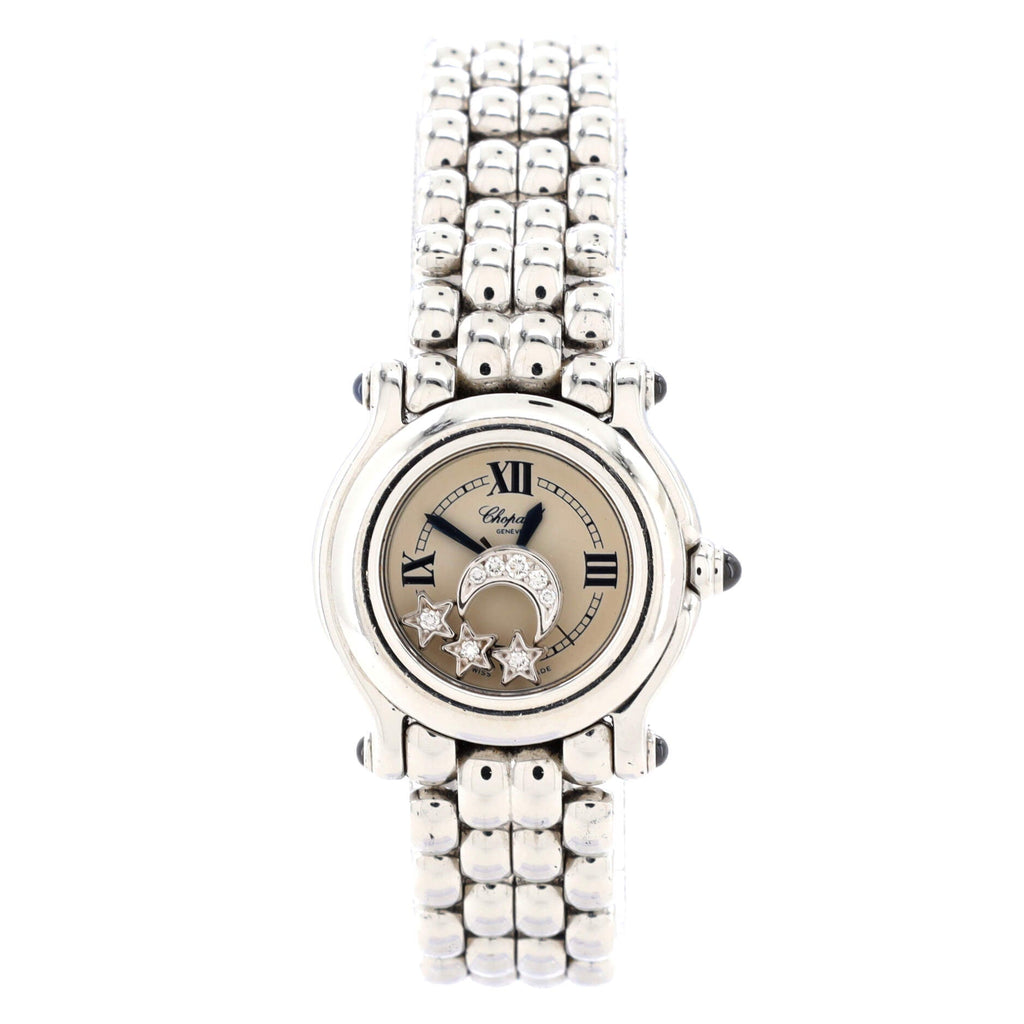 Happy Sport Star & Moon Round Quartz Watch Stainless Steel with Floating Diamonds and Mother of Pearl 27