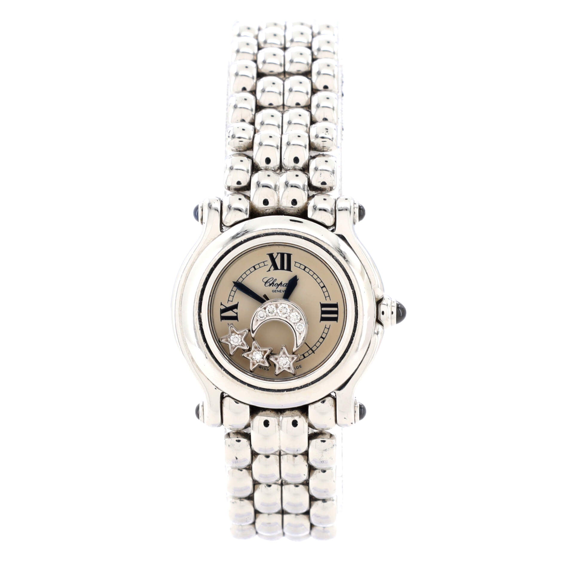 Happy Sport Star & Moon Round Quartz Watch Stainless Steel with Floating Diamonds and Mother of Pearl 27