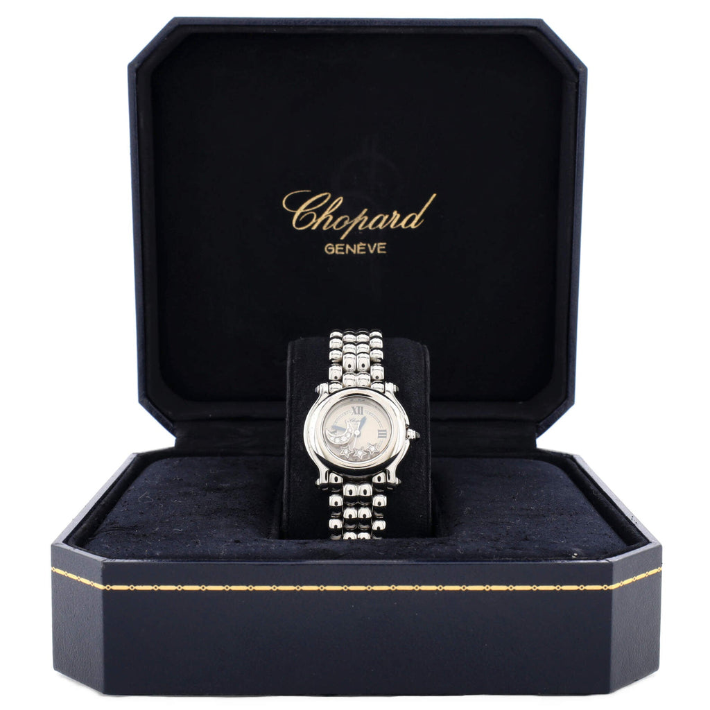 Happy Sport Star & Moon Round Quartz Watch Stainless Steel with Floating Diamonds and Mother of Pearl 27