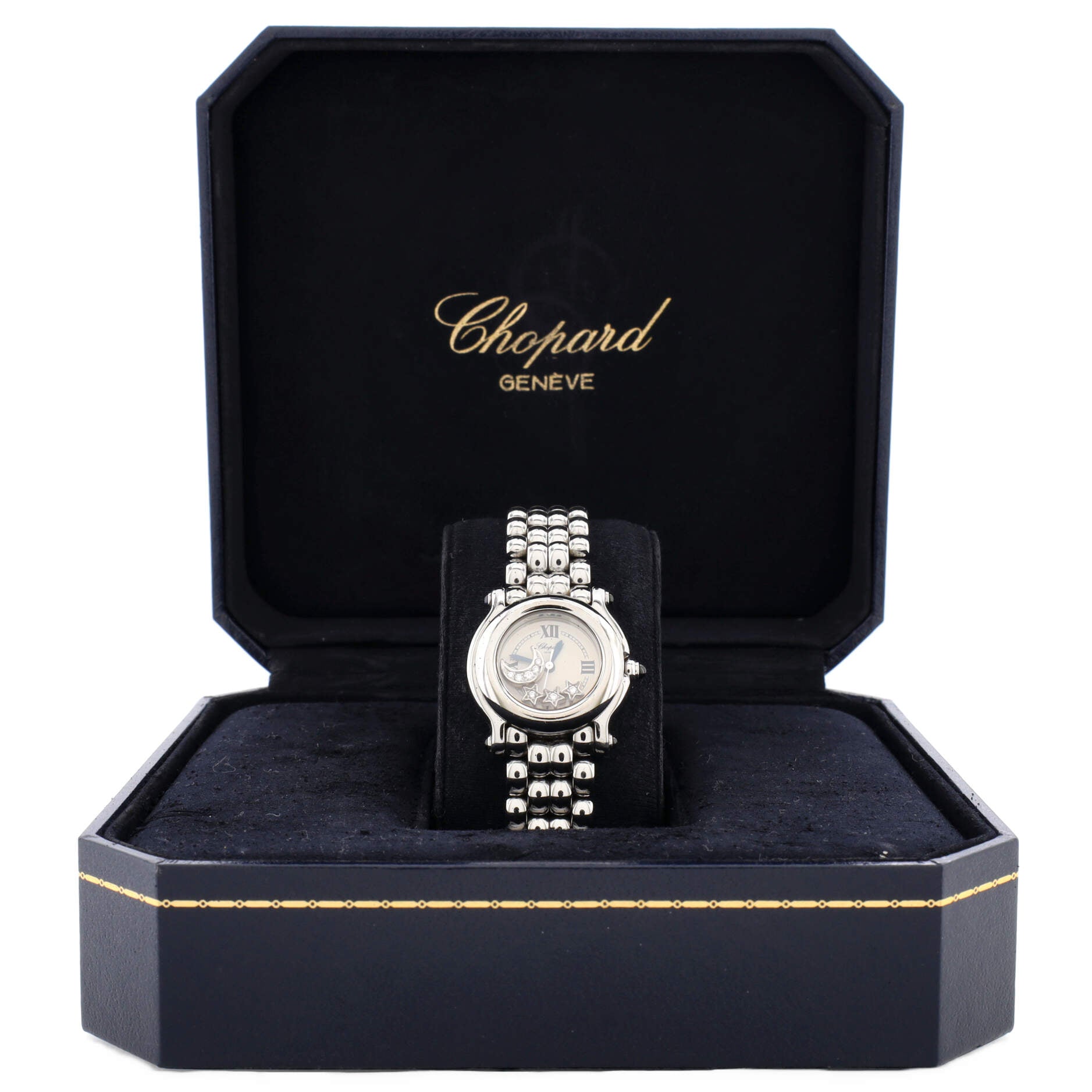 Happy Sport Star & Moon Round Quartz Watch Stainless Steel with Floating Diamonds and Mother of Pearl 27