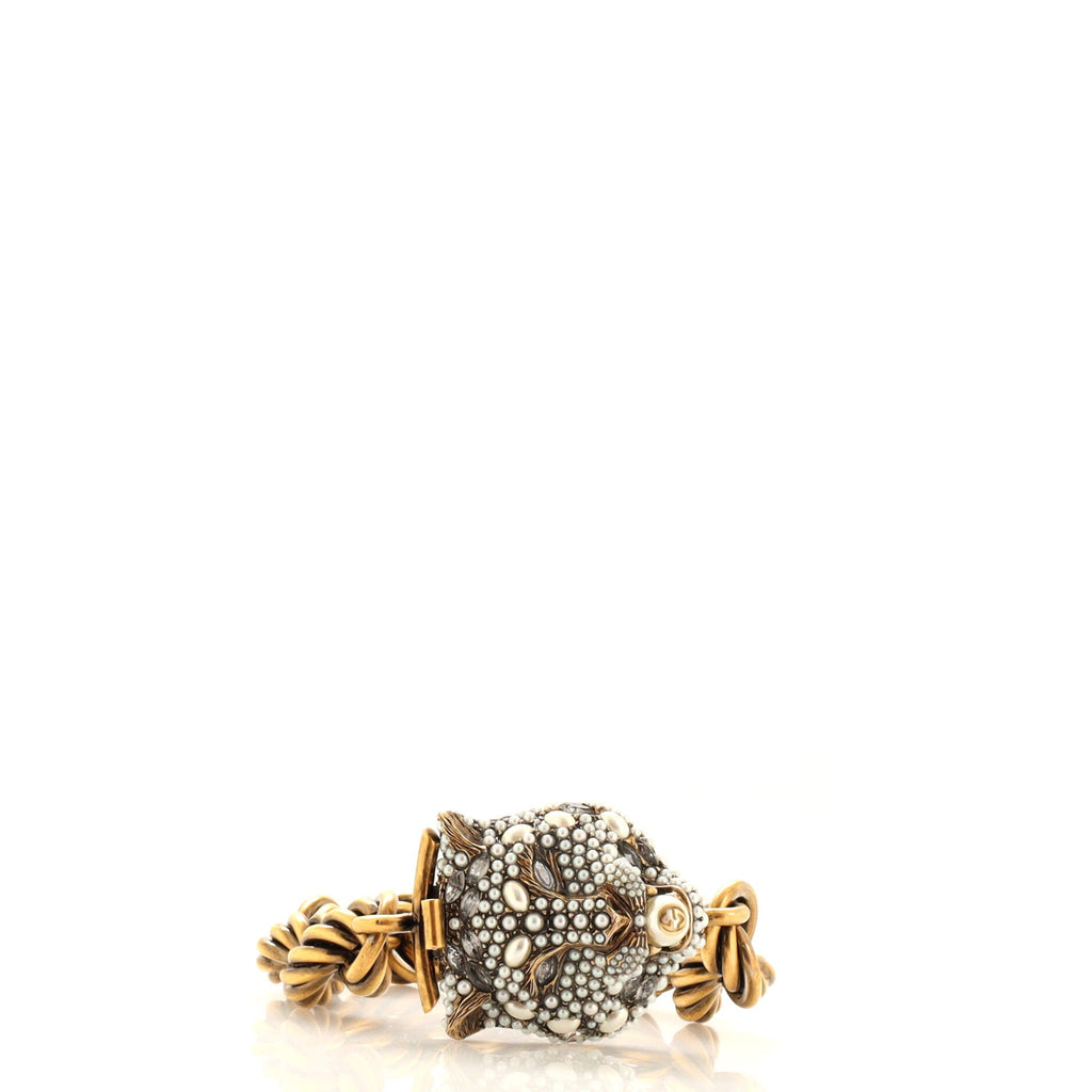 Tiger Head Chain Bracelet Metal with Faux Pearls and Crystals