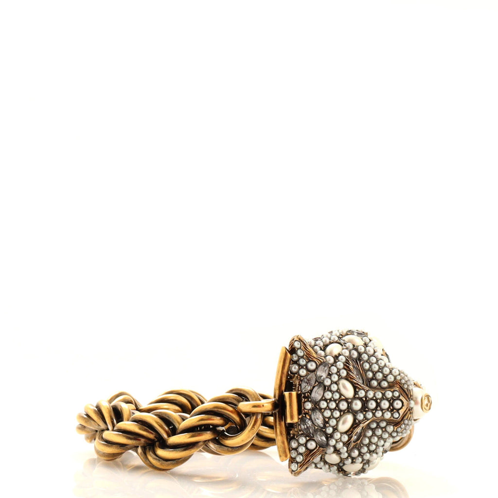Tiger Head Chain Bracelet Metal with Faux Pearls and Crystals