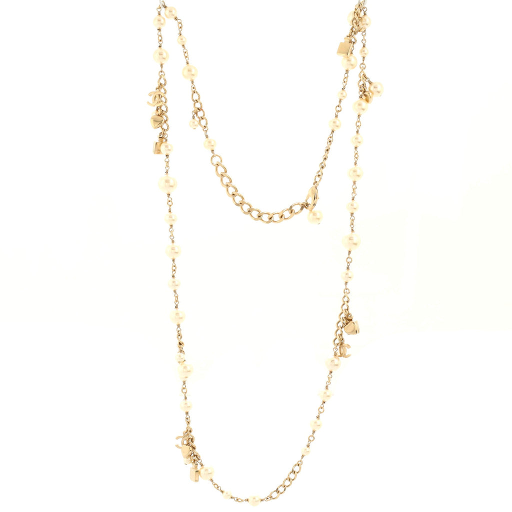 Perfume Bottle Charm Chain Long Necklace Metal and Faux Pearls