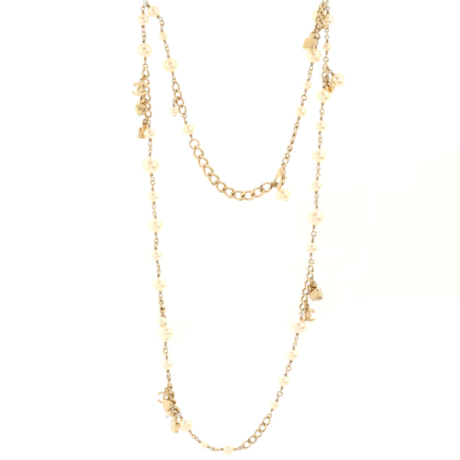 Perfume Bottle Charm Chain Long Necklace Metal and Faux Pearls