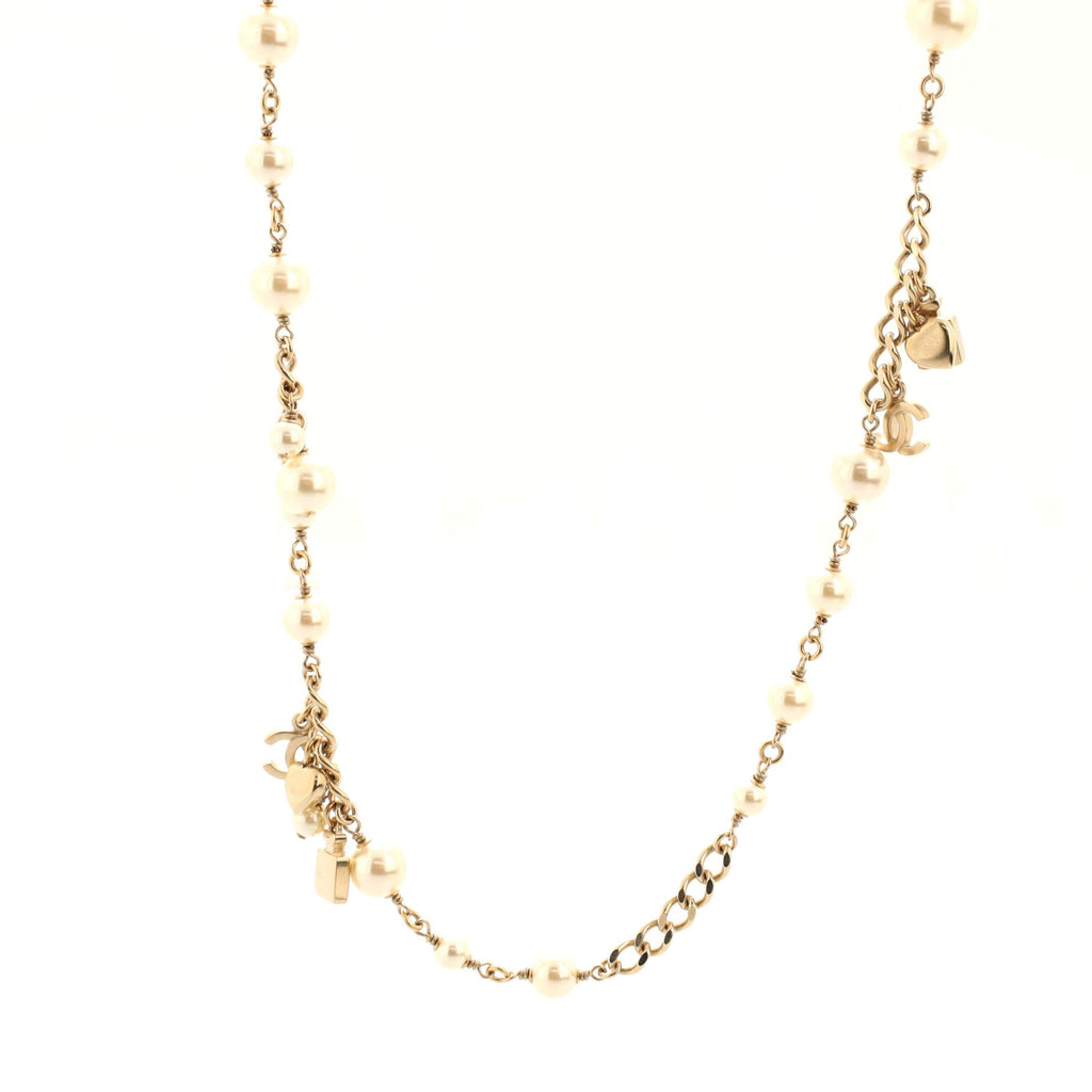 Perfume Bottle Charm Chain Long Necklace Metal and Faux Pearls