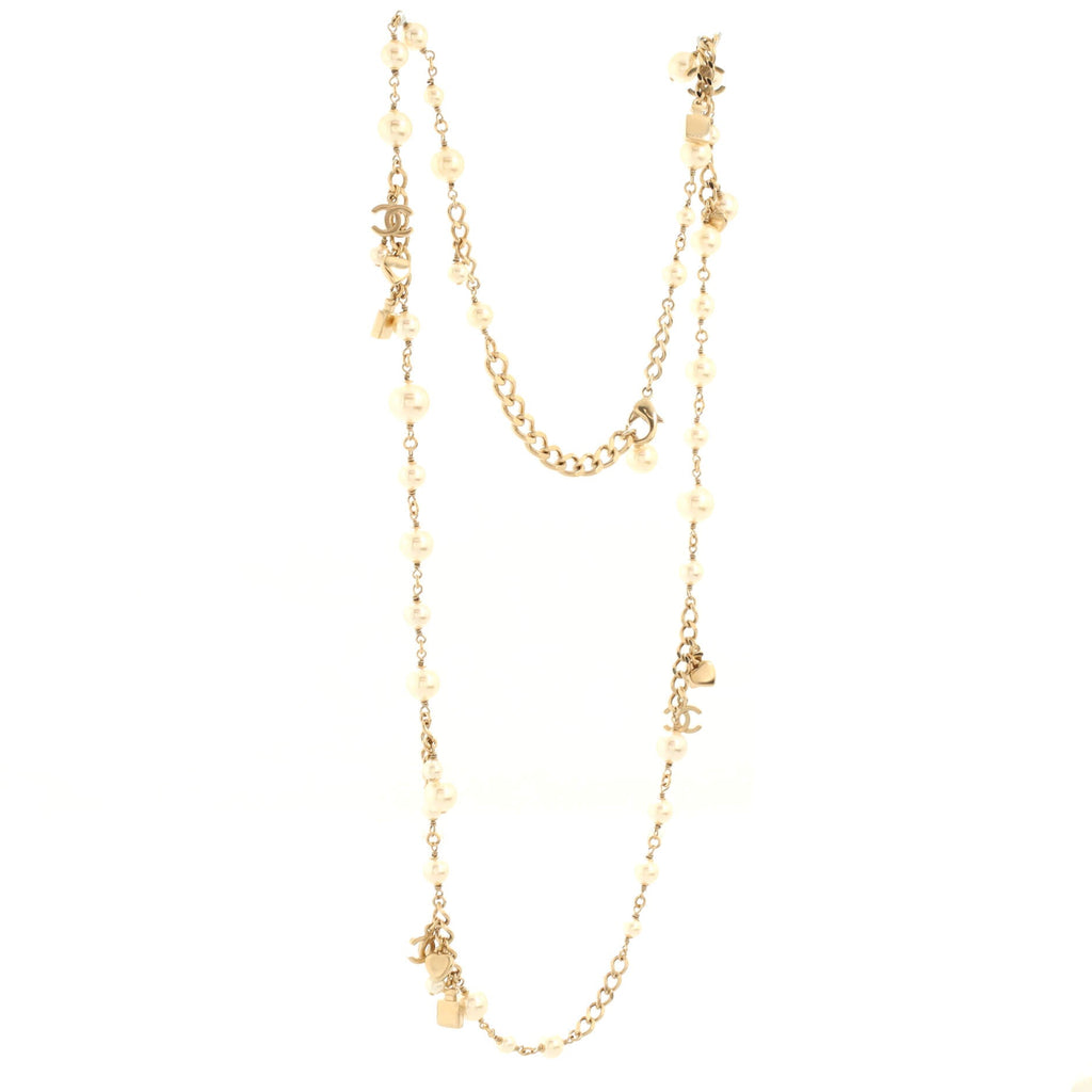 Perfume Bottle Charm Chain Long Necklace Metal and Faux Pearls