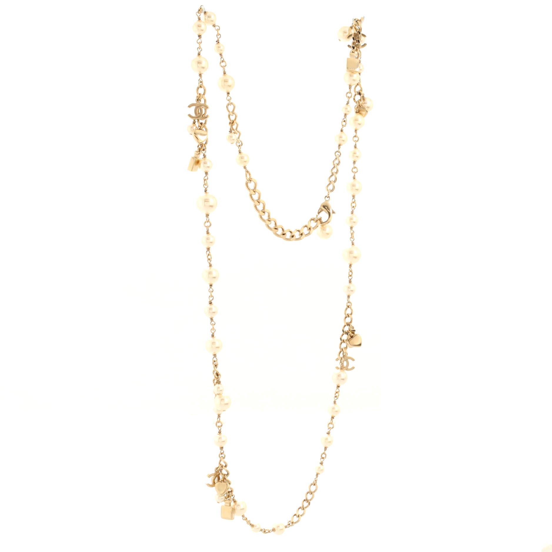 Perfume Bottle Charm Chain Long Necklace Metal and Faux Pearls