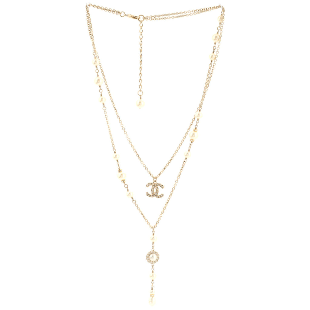 CC Double Chain Lariat Necklace Metal and Faux Pearls