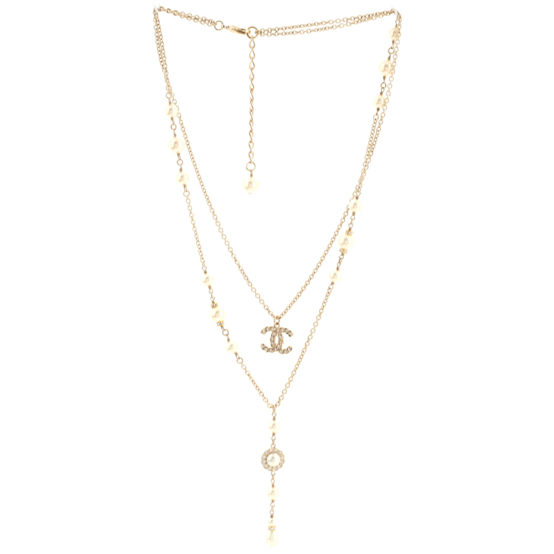CC Double Chain Lariat Necklace Metal and Faux Pearls