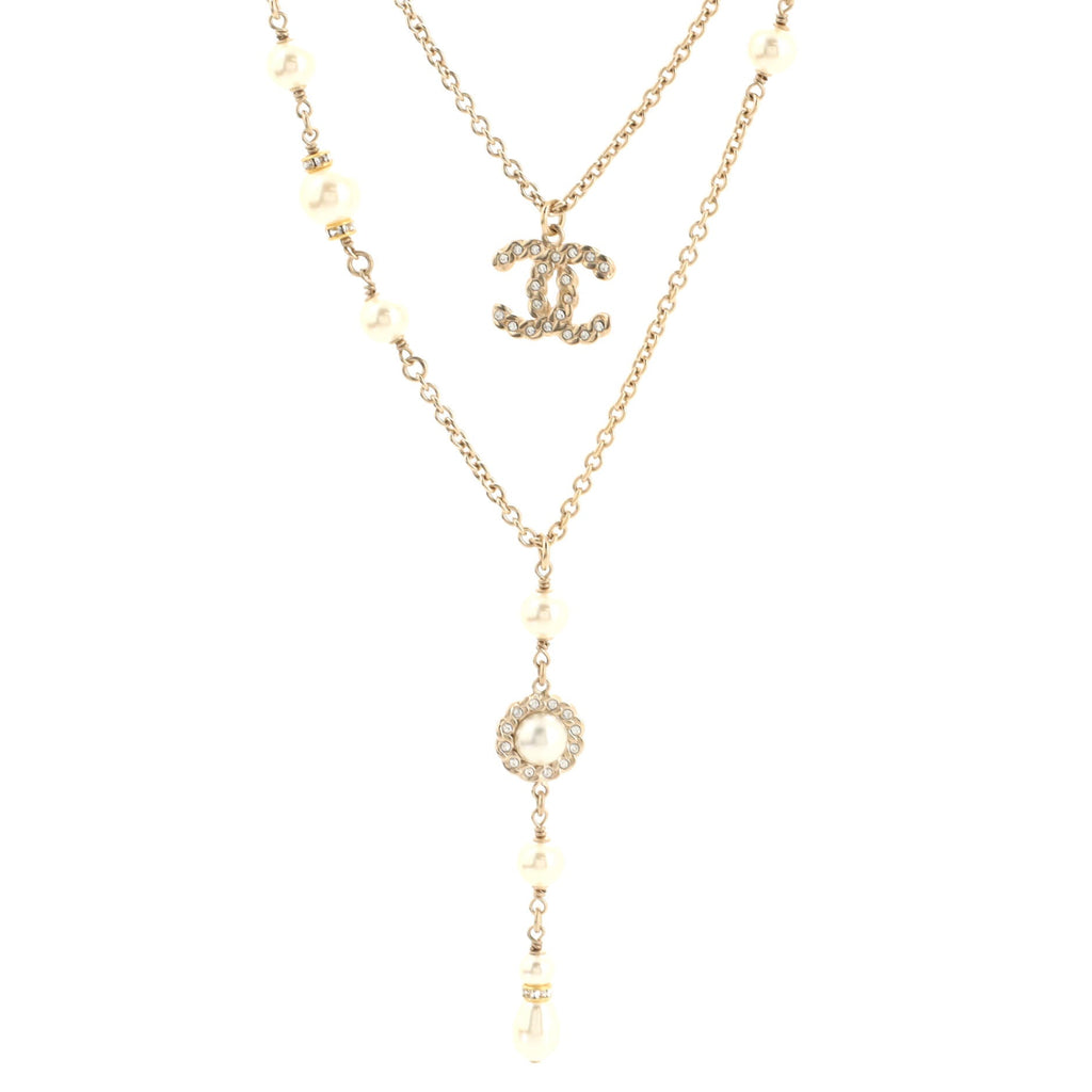 CC Double Chain Lariat Necklace Metal and Faux Pearls