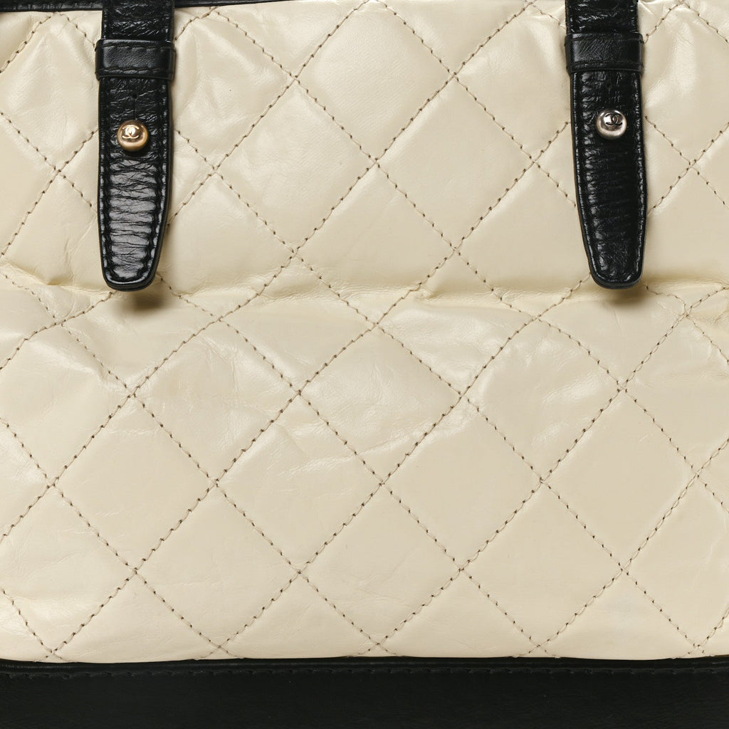 Aged Calfskin Quilted Medium Gabrielle Shopping Tote White Black