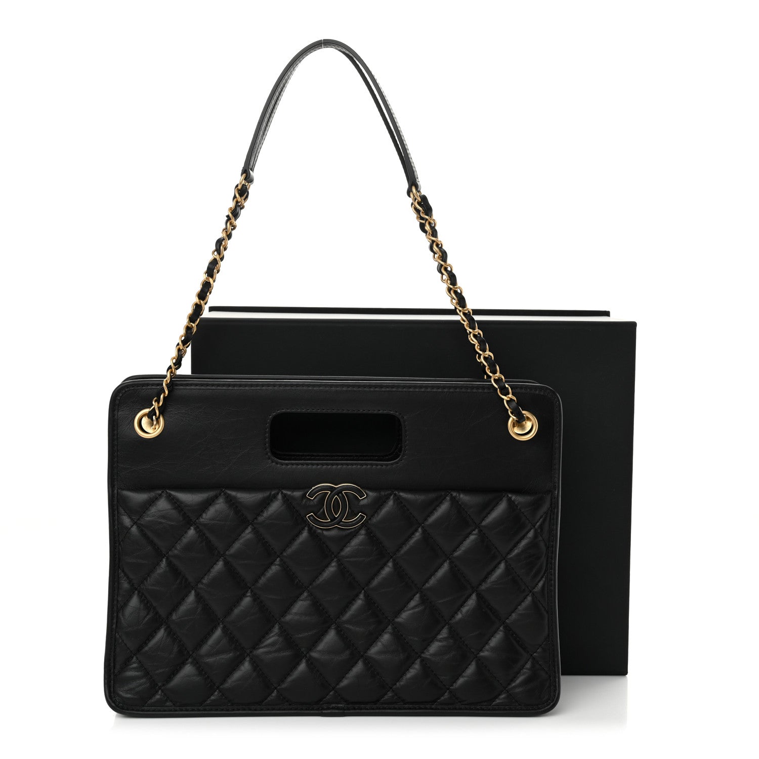 Aged Calfskin Quilted Graphic Catch Shopping Bag Black