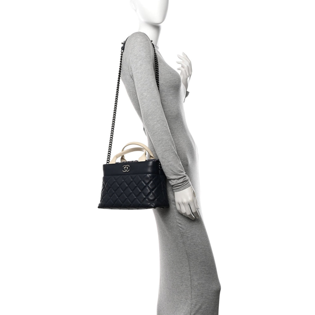 Calfskin Tweed Quilted Small Tote Navy Multicolor