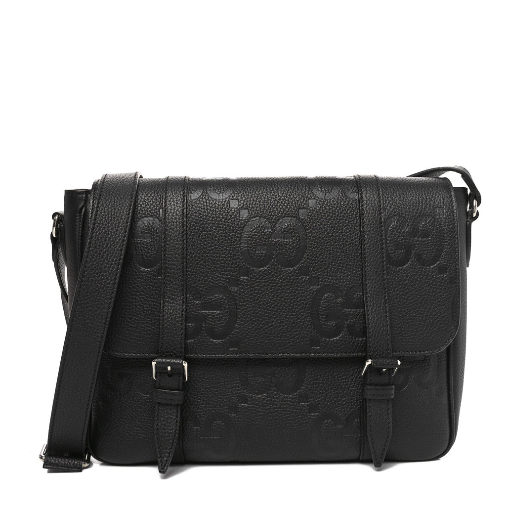 Calfskin Jumbo GG Embossed Double Buckle Medium Messenger Bag Black