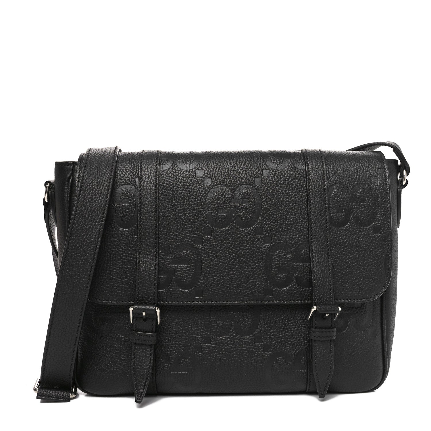 Calfskin Jumbo GG Embossed Double Buckle Medium Messenger Bag Black