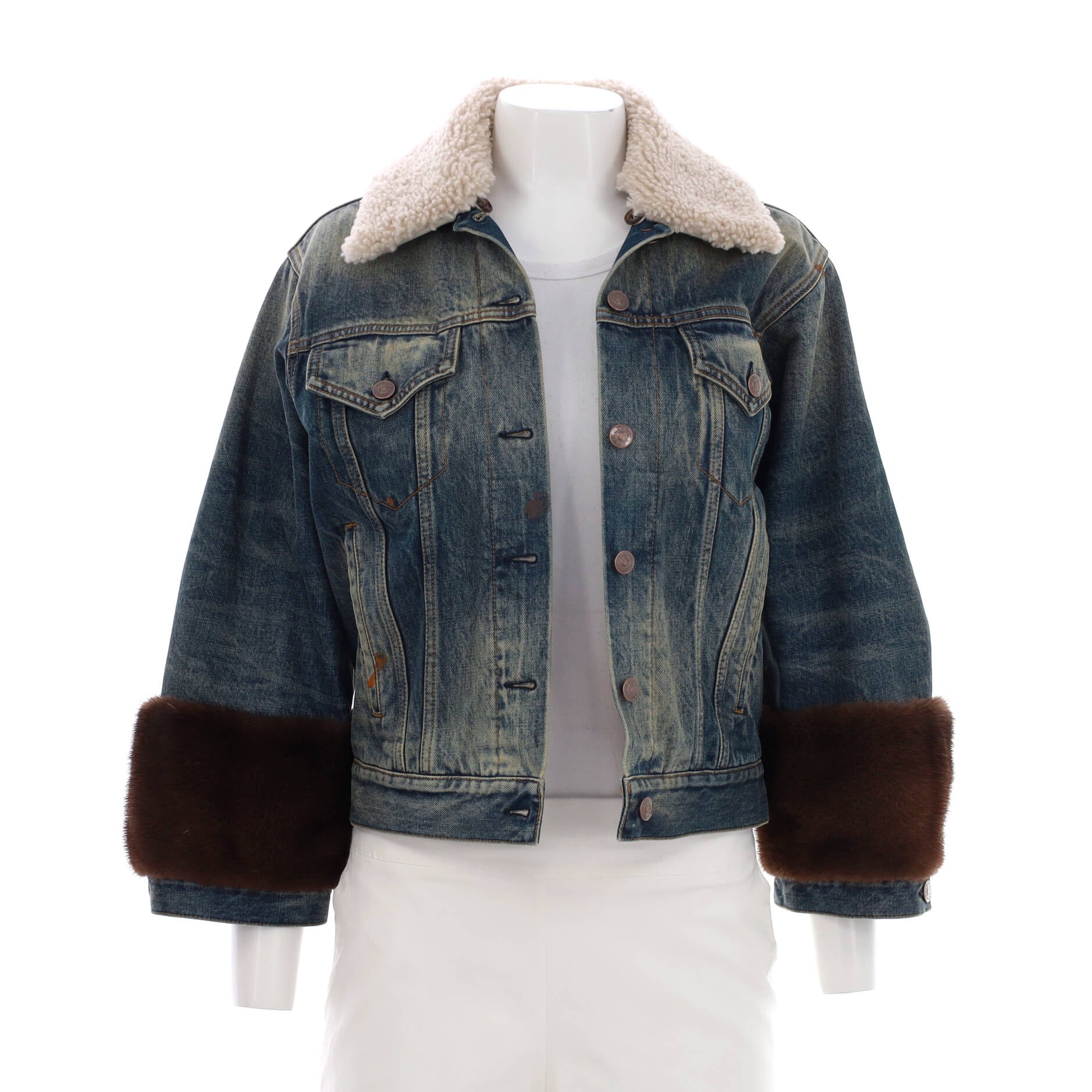 Women's Gucciffication Denim Jacket Embellished Denim with Shearling and Fur