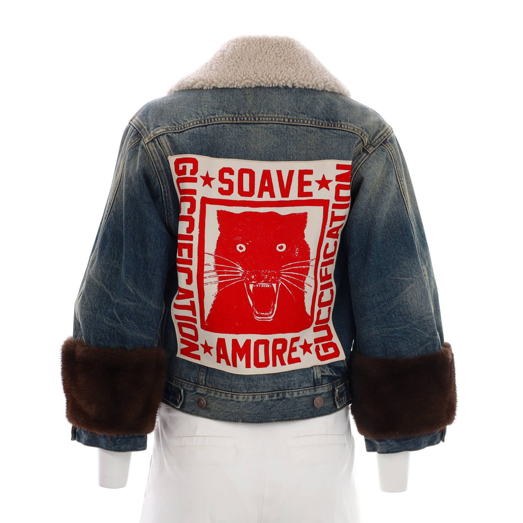Women's Gucciffication Denim Jacket Embellished Denim with Shearling and Fur