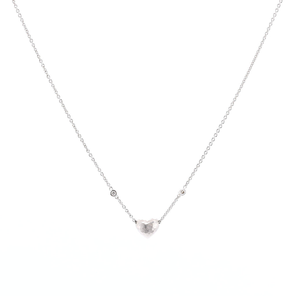 Paloma Picasso Hammered Heart Two Diamond Pendant Necklace 18K White Gold with Diamonds