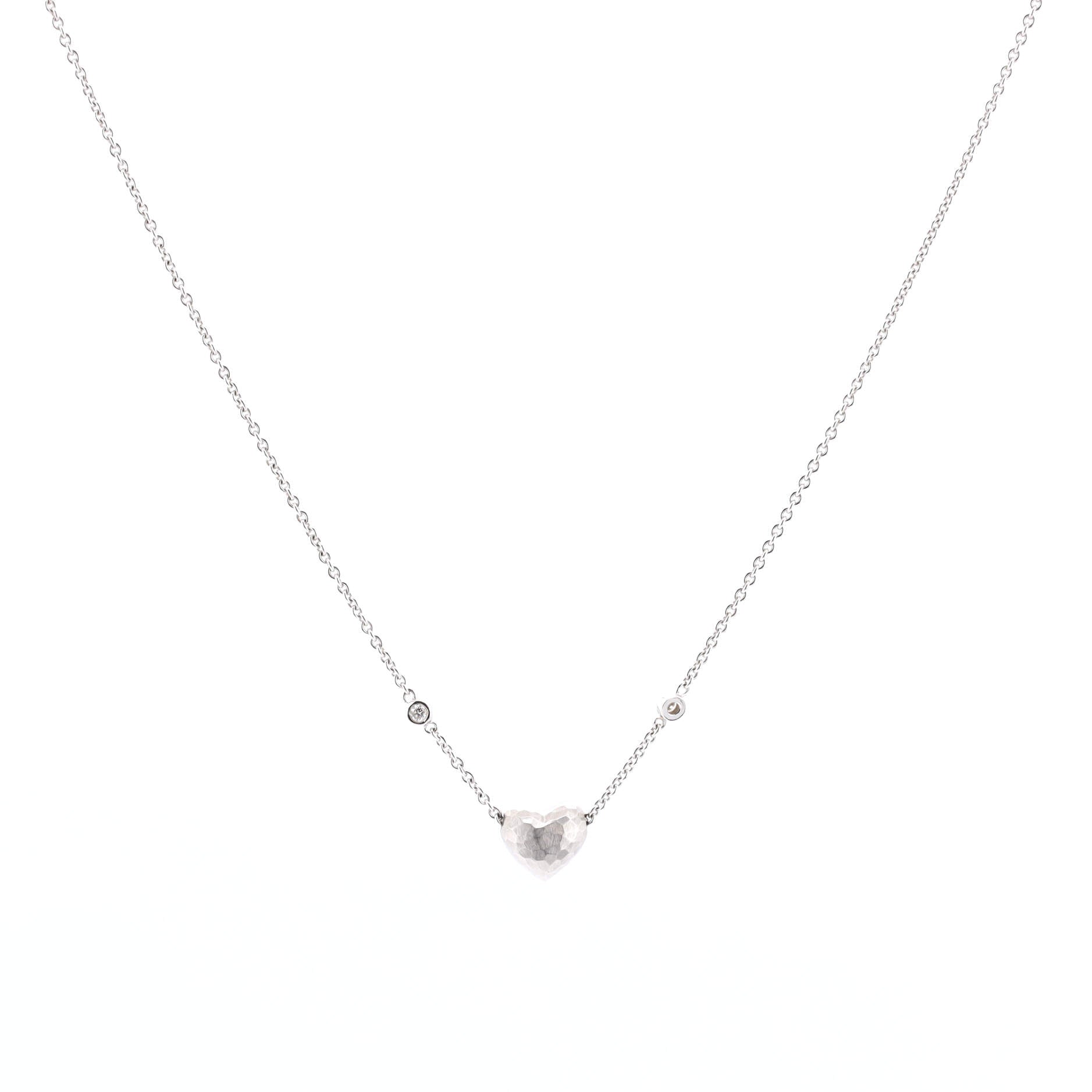 Paloma Picasso Hammered Heart Two Diamond Pendant Necklace 18K White Gold with Diamonds