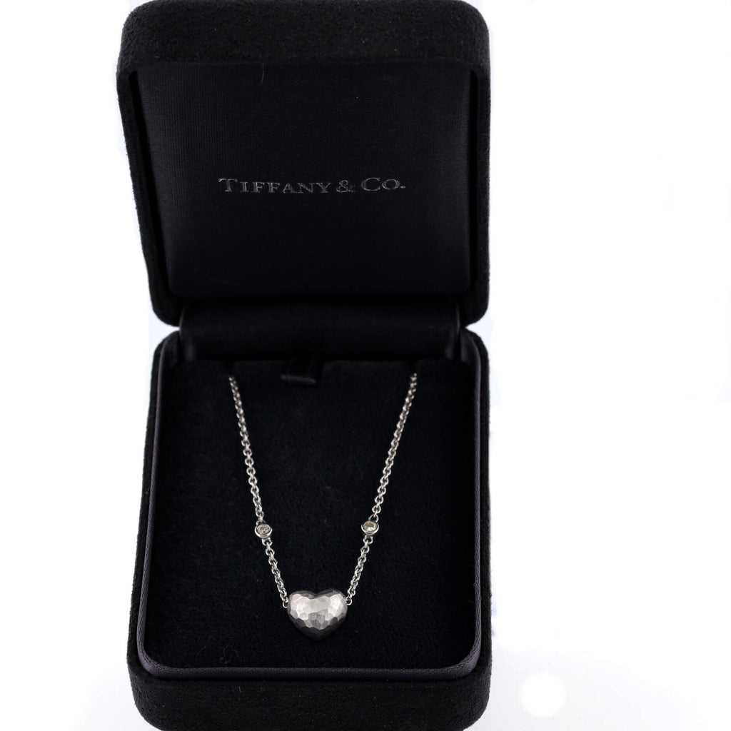 Paloma Picasso Hammered Heart Two Diamond Pendant Necklace 18K White Gold with Diamonds