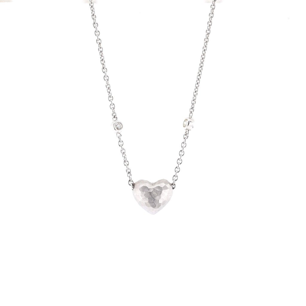 Paloma Picasso Hammered Heart Two Diamond Pendant Necklace 18K White Gold with Diamonds
