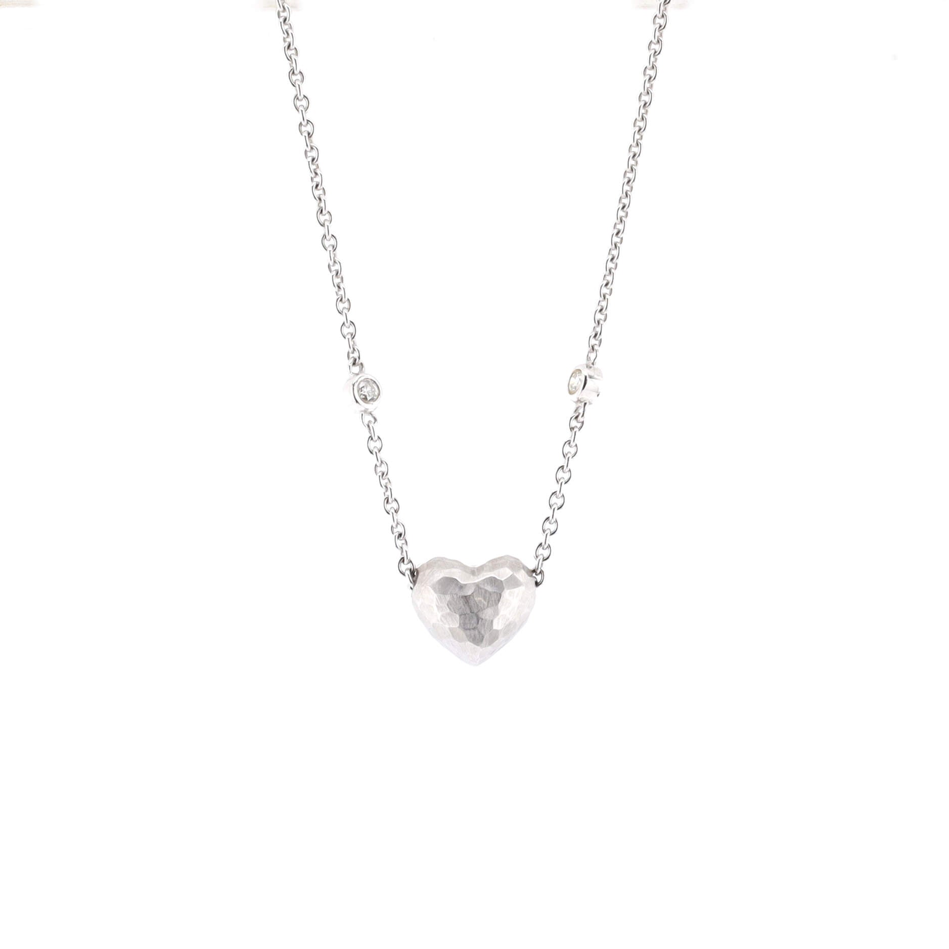 Paloma Picasso Hammered Heart Two Diamond Pendant Necklace 18K White Gold with Diamonds