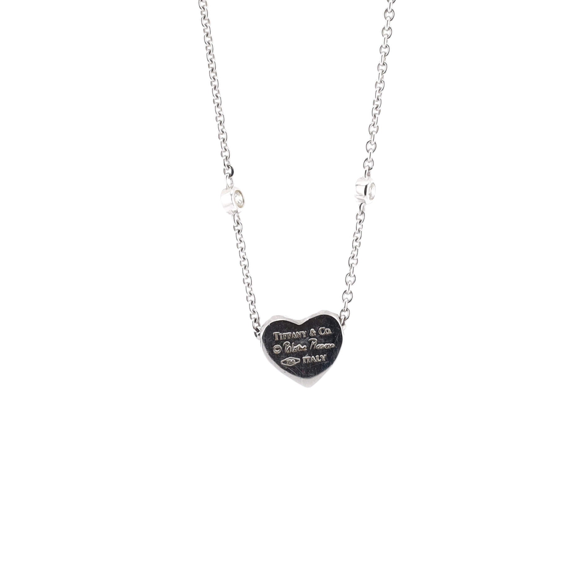 Paloma Picasso Hammered Heart Two Diamond Pendant Necklace 18K White Gold with Diamonds
