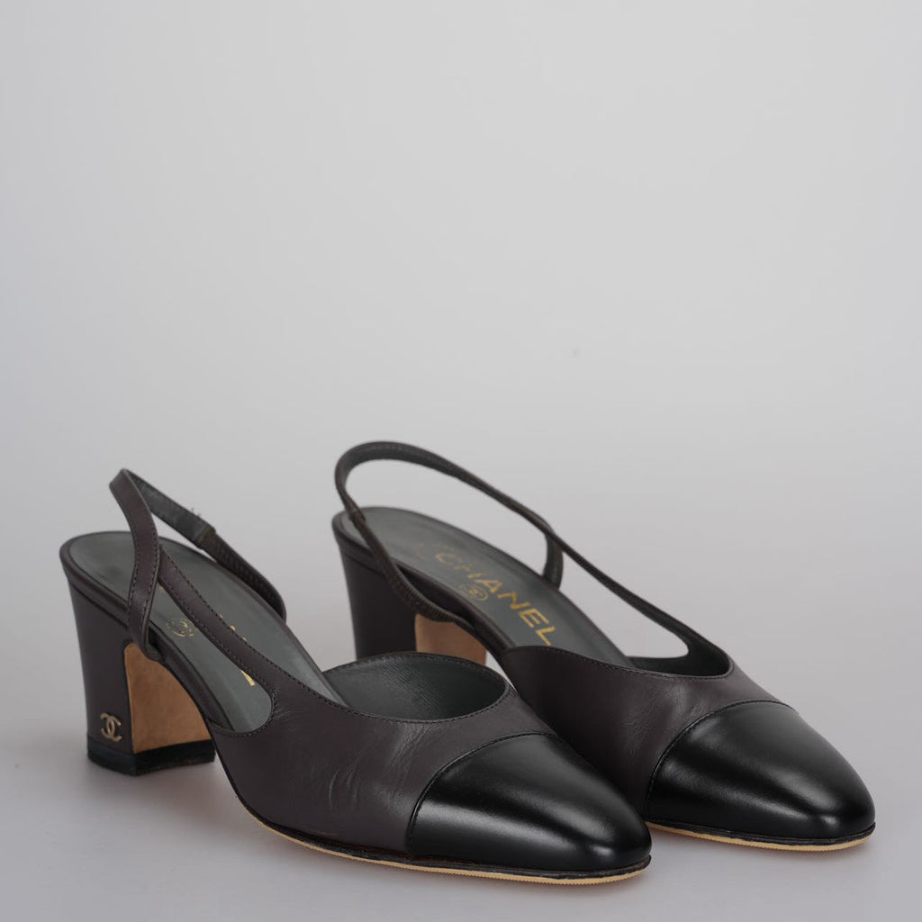 Chanel Black Brown Slingback Pumps with CC logo 35
