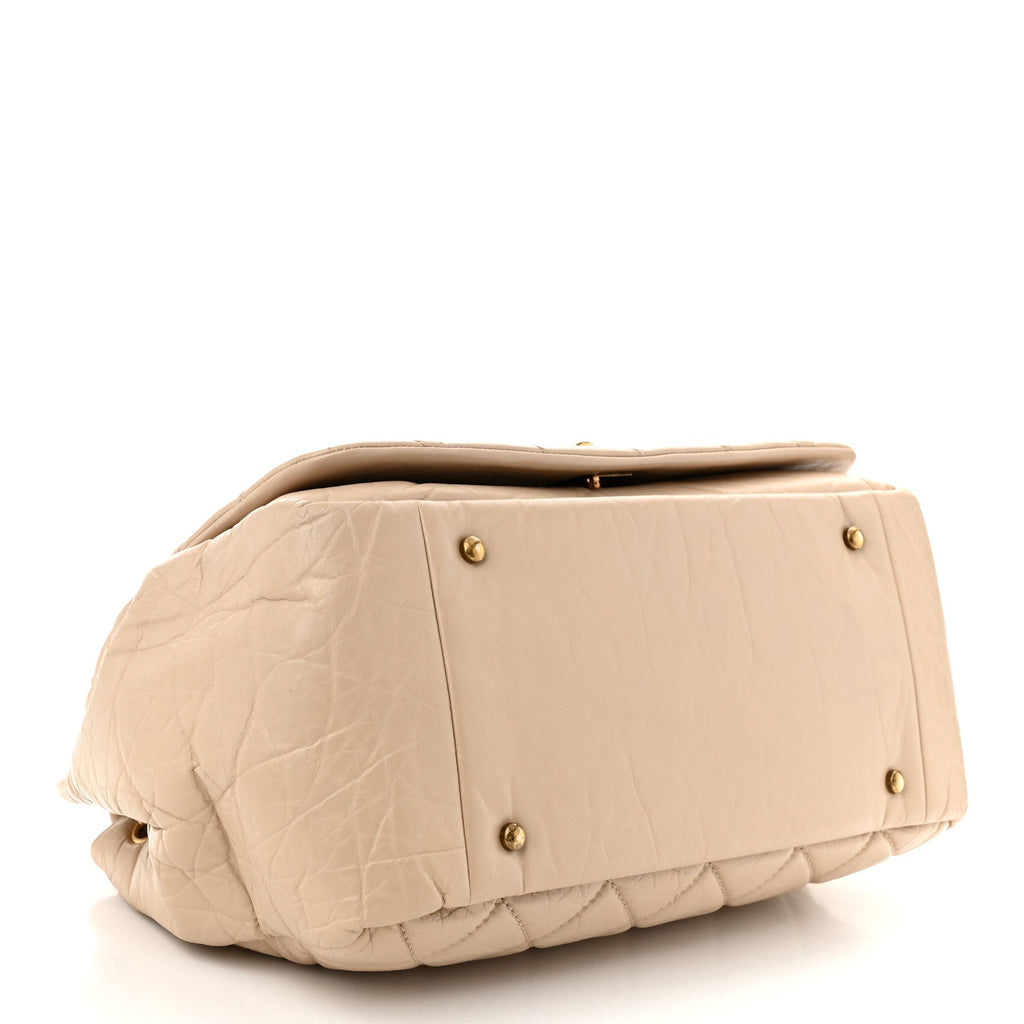 Aged Calfskin Quilted Large Pondichery Flap Beige