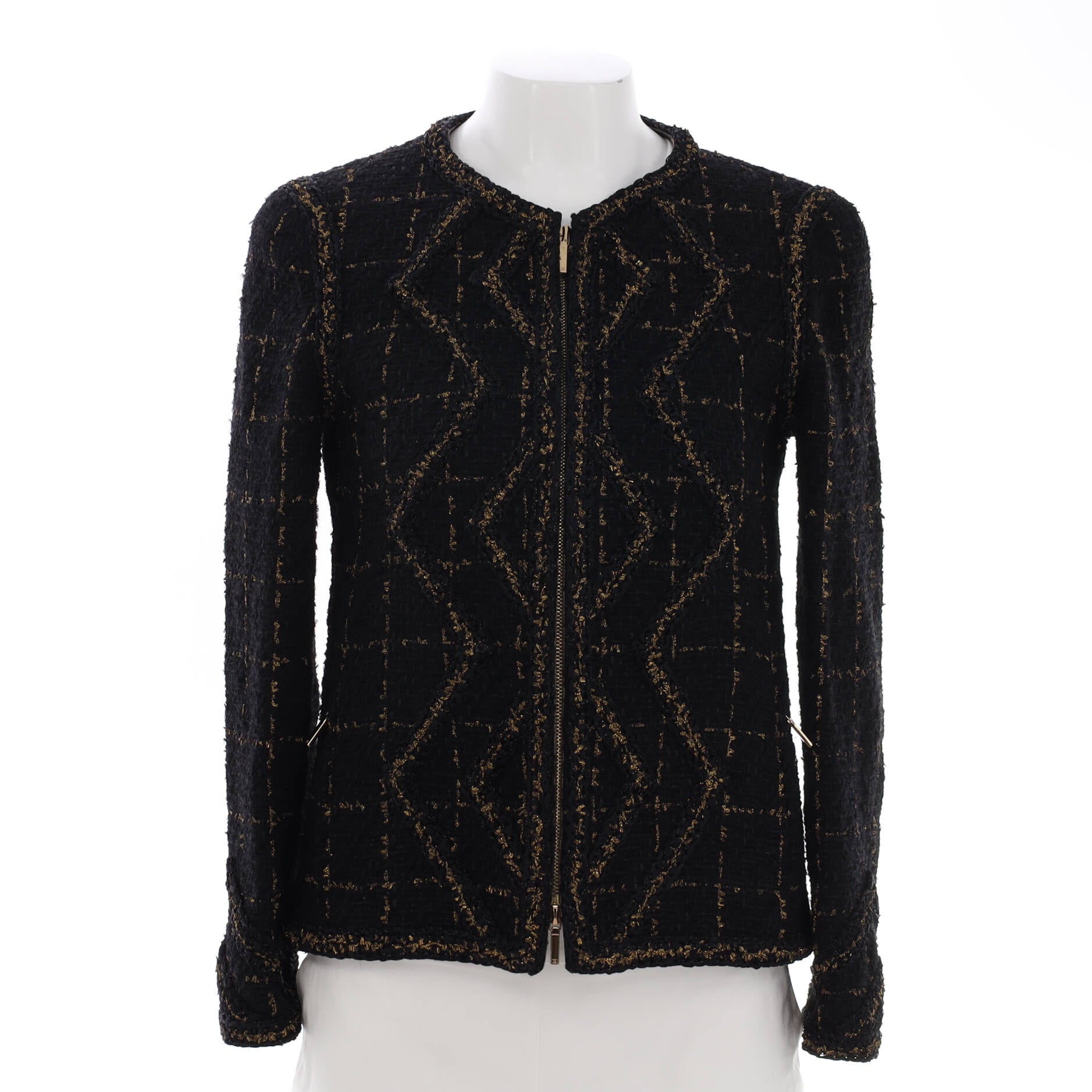 Women's Collarless Zip Up Jacket Tweed Blend