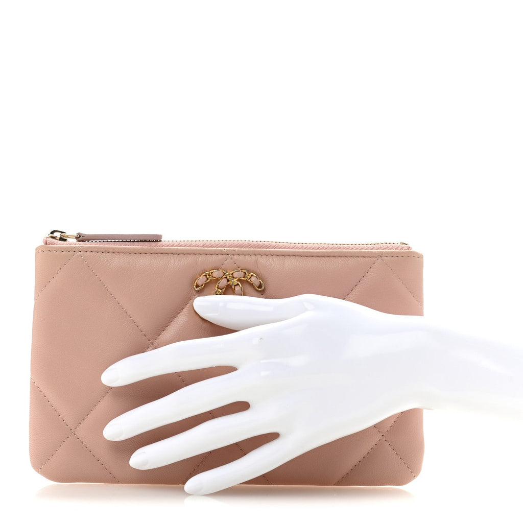 Shiny Goatskin Quilted Small Chanel 19 Pouch Pink